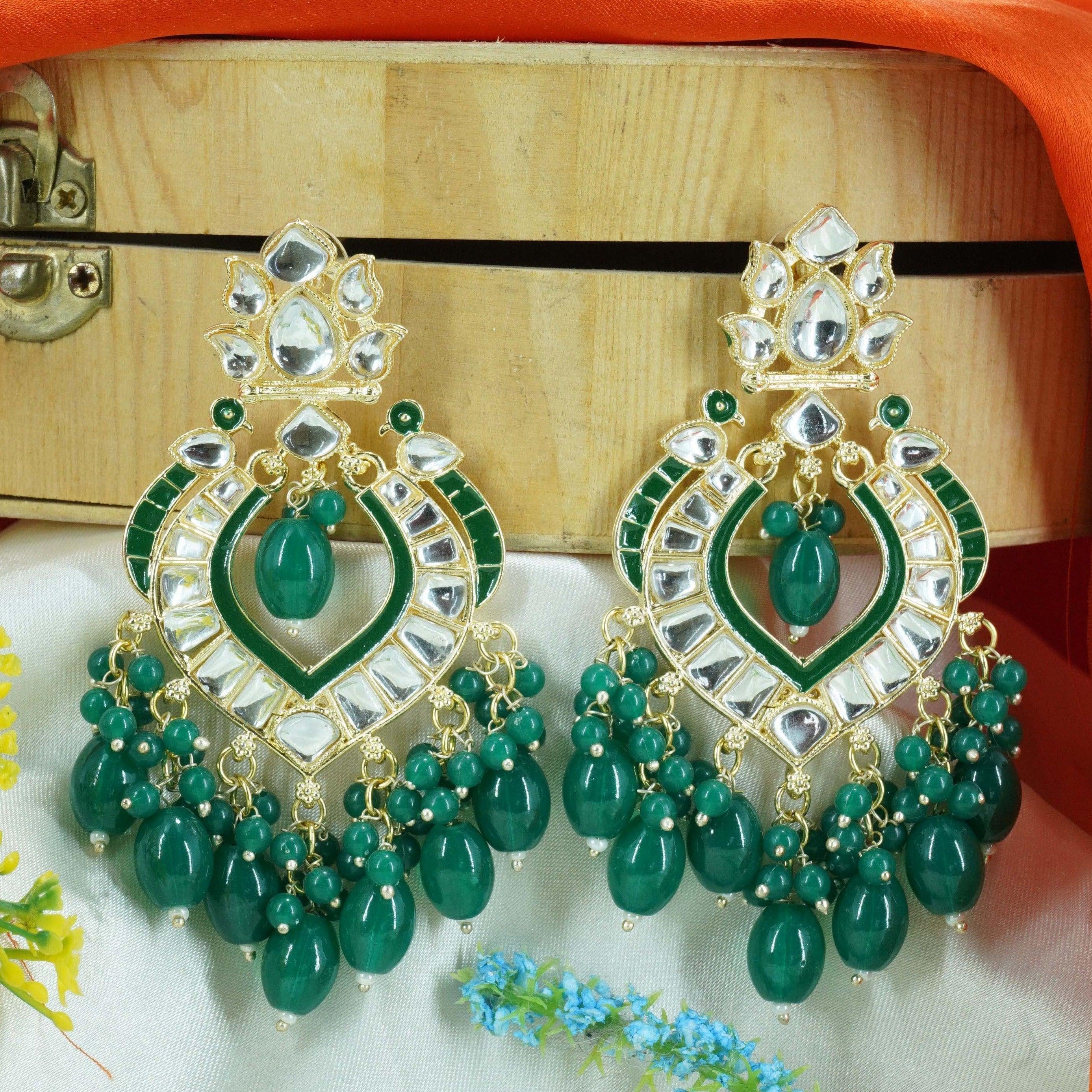 Gold Plated Designer Green beads with kundans hangings Earring