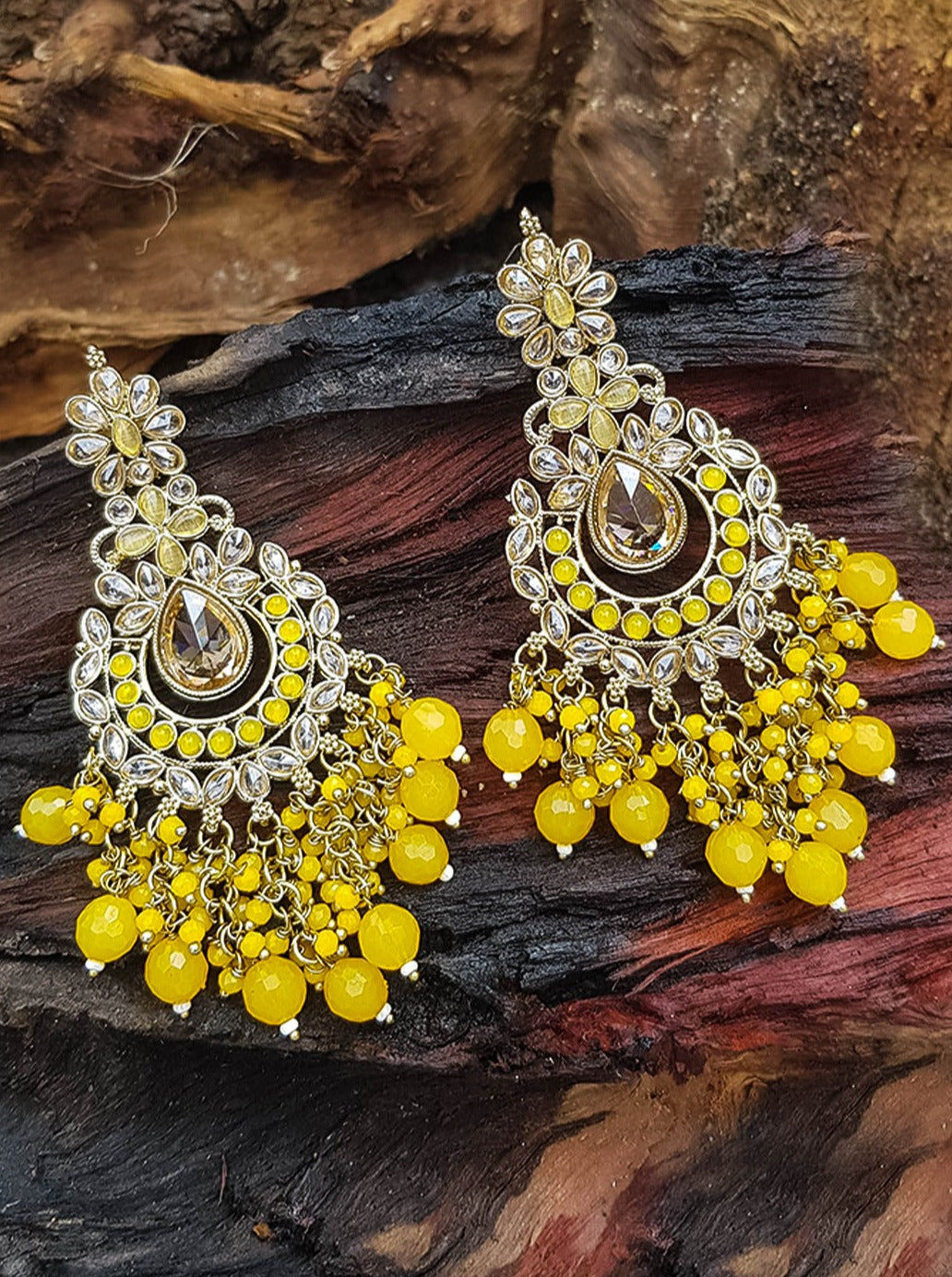 Gold Plated Long Kundan Chandbali Earrings with Yellow Crystal stones 13362N