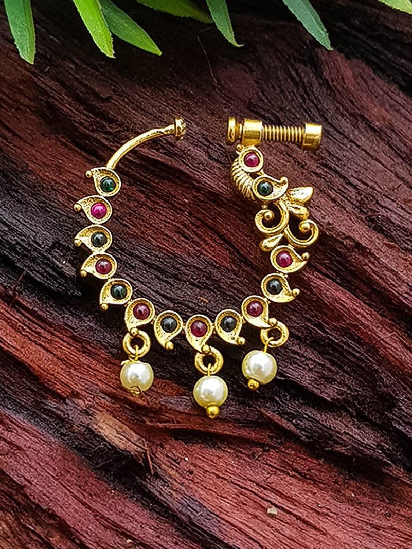 Gold Plated Nosepin Nath with pearl hanging – Griiham