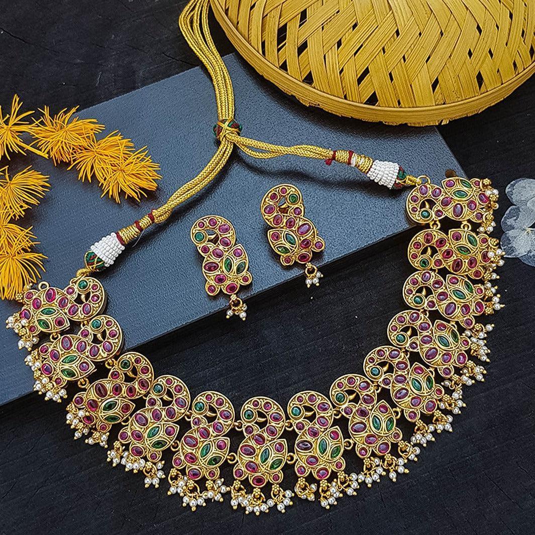 Gold Plated Temple Necklace Set with Real kemp stone – Griiham