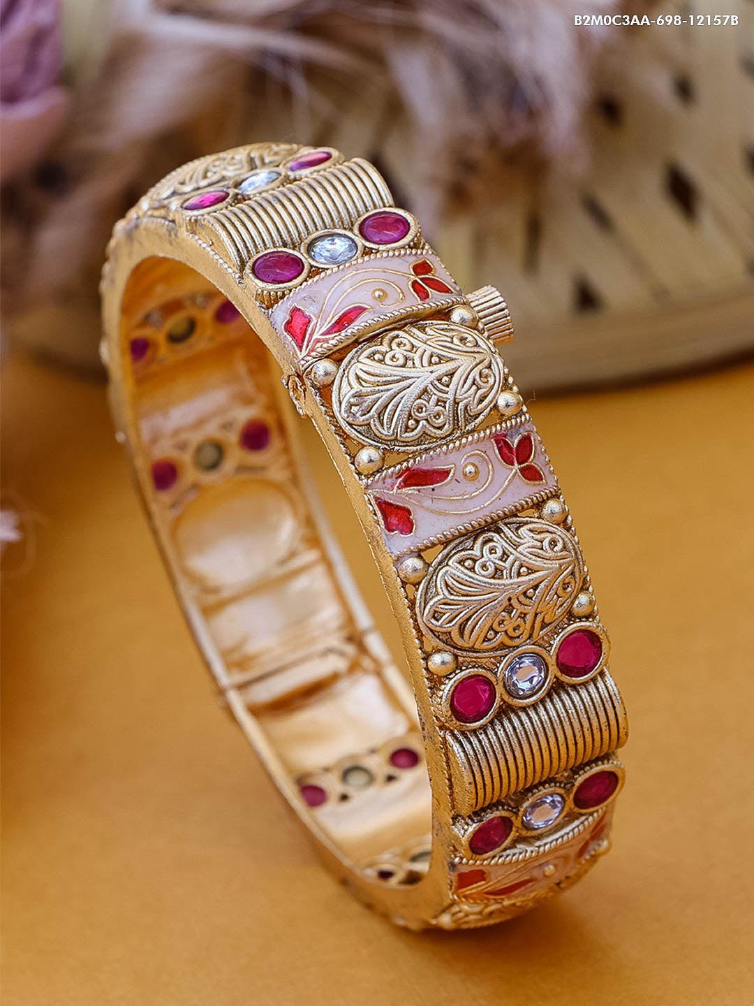 Gold Plated adjustable Rajwadi Kada Bangle with Kemp Stones – Griiham