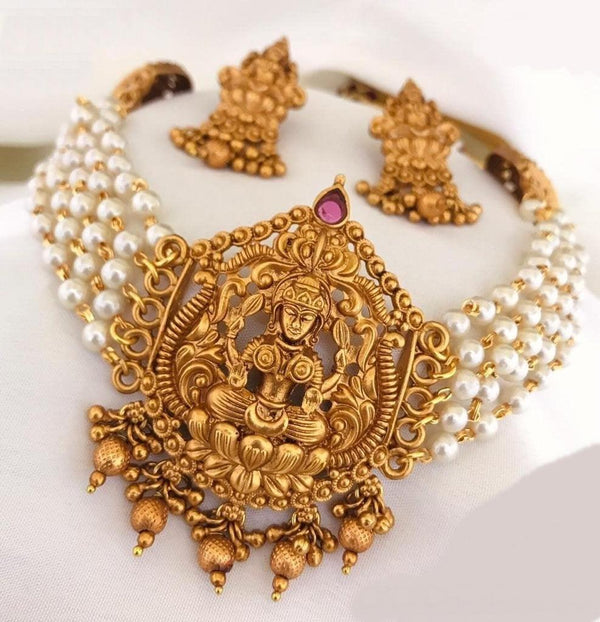 Premium Gold Finish Best seller Short Laxmi Choker Necklace Set