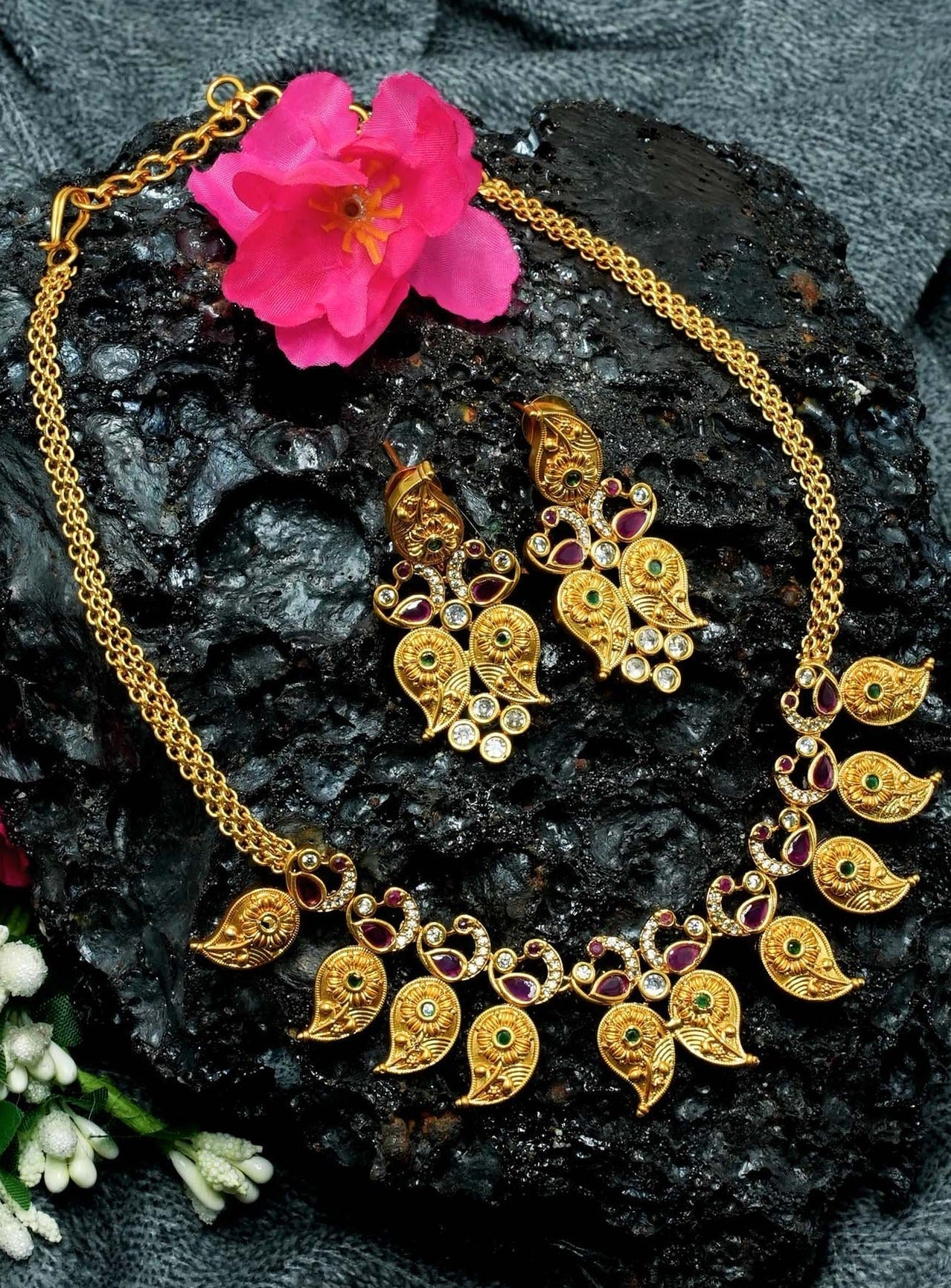 Premium Gold Finish Mango Necklace set with best quality CZ stones 9409N-11
