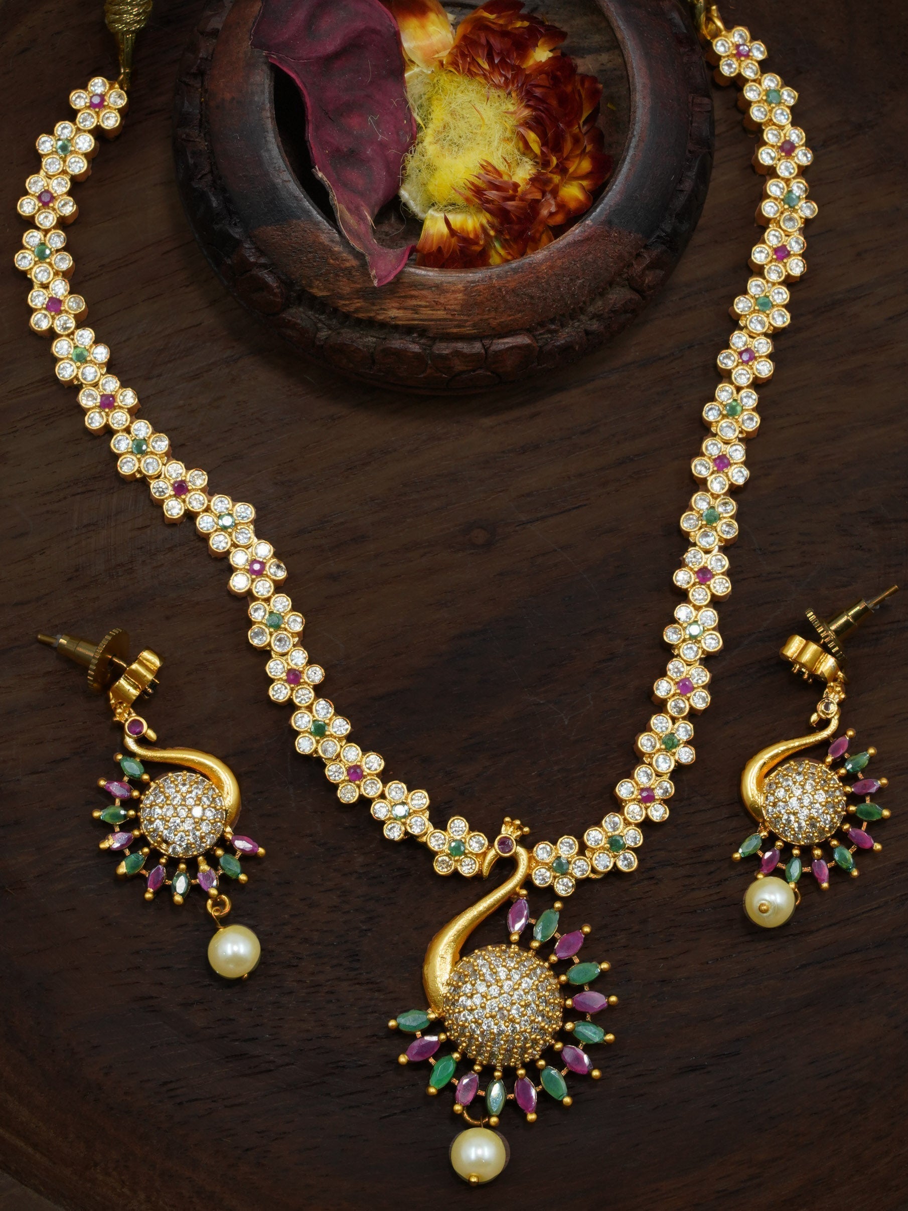 Premium Gold Finish Peacock Necklace with CZ Stones in diff colours 12889N-1