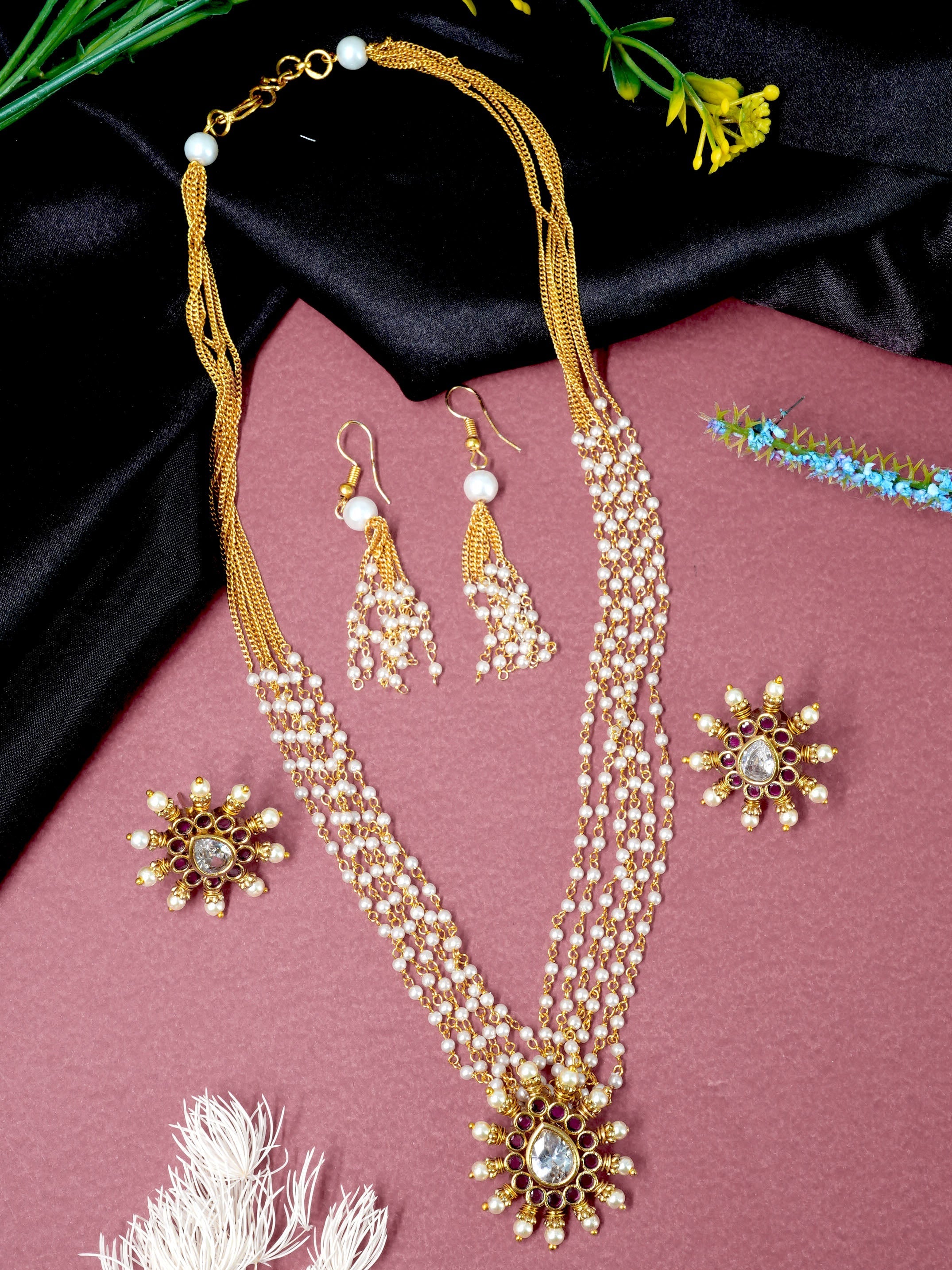 Premium Gold Finish Pearl multilayer Necklace set 11080N
