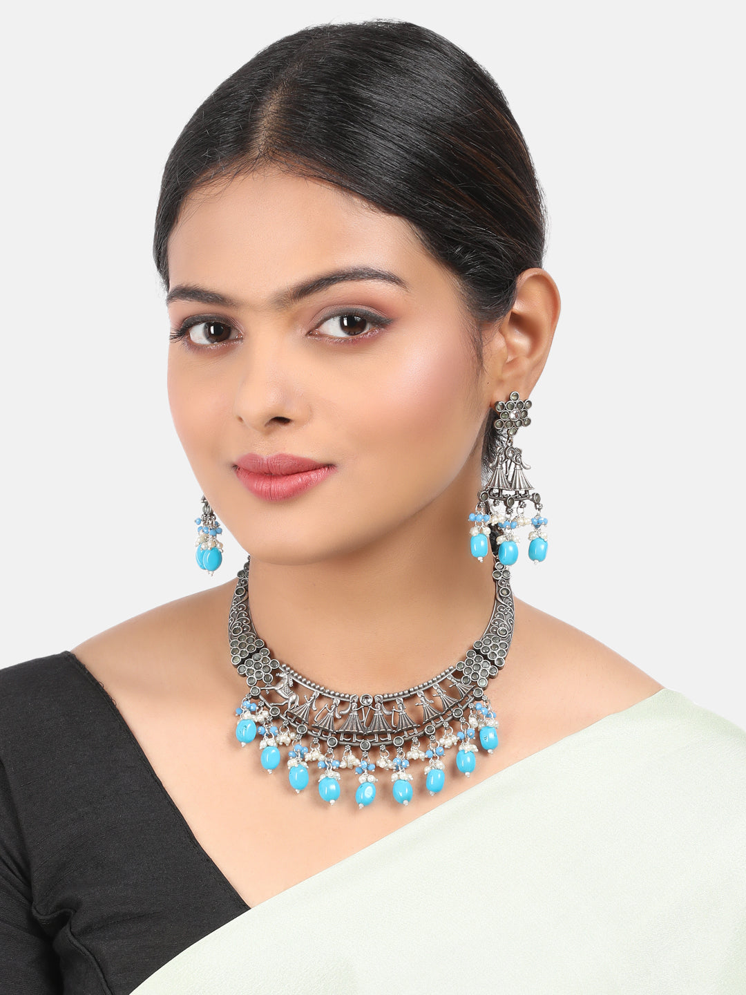 Silver Oxidised short Necklace set with Blue colour stones for all occasions 5678N