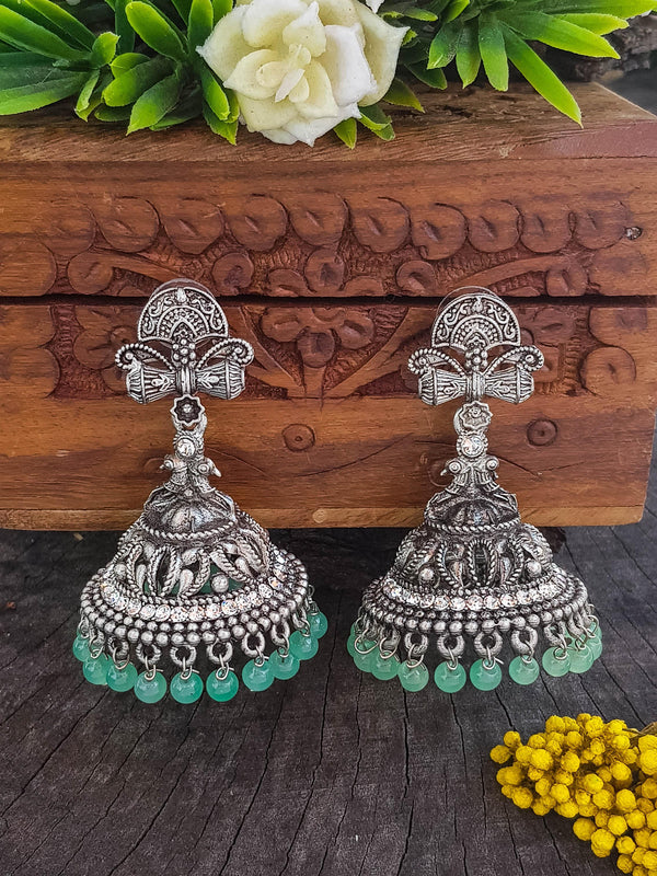 Grey - White - Antique Silver Finish Oxidised Brass Base Jhumki Earrings