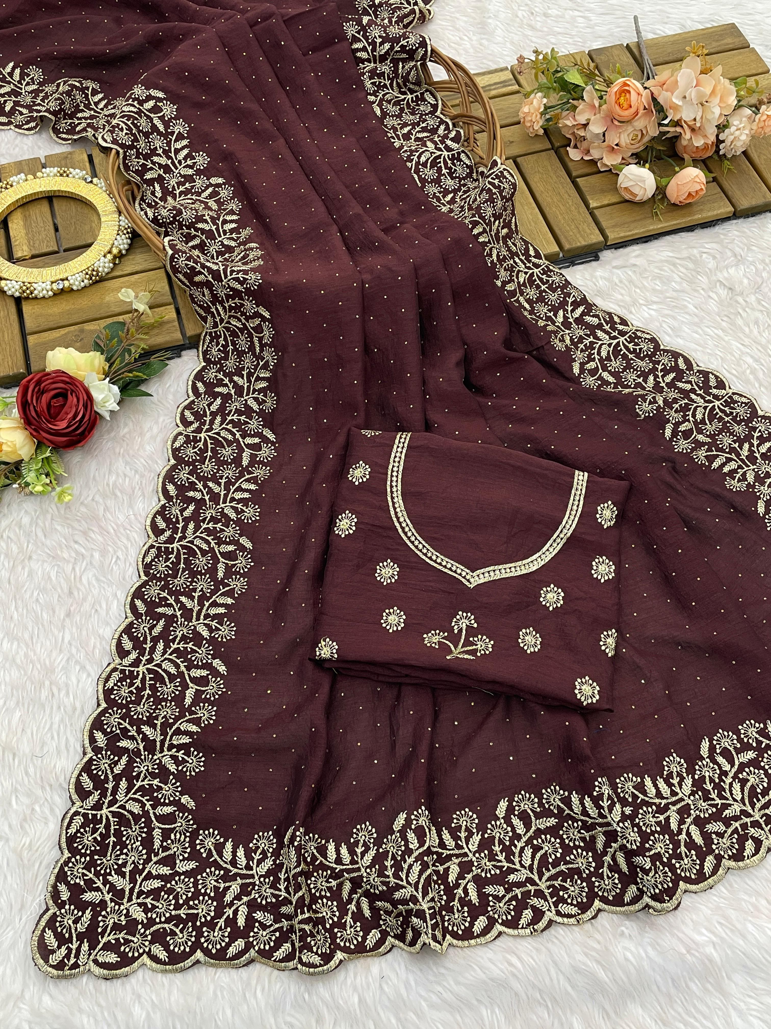 Vichitra silk with embroidery work Zari work with stone work Saree 23529N