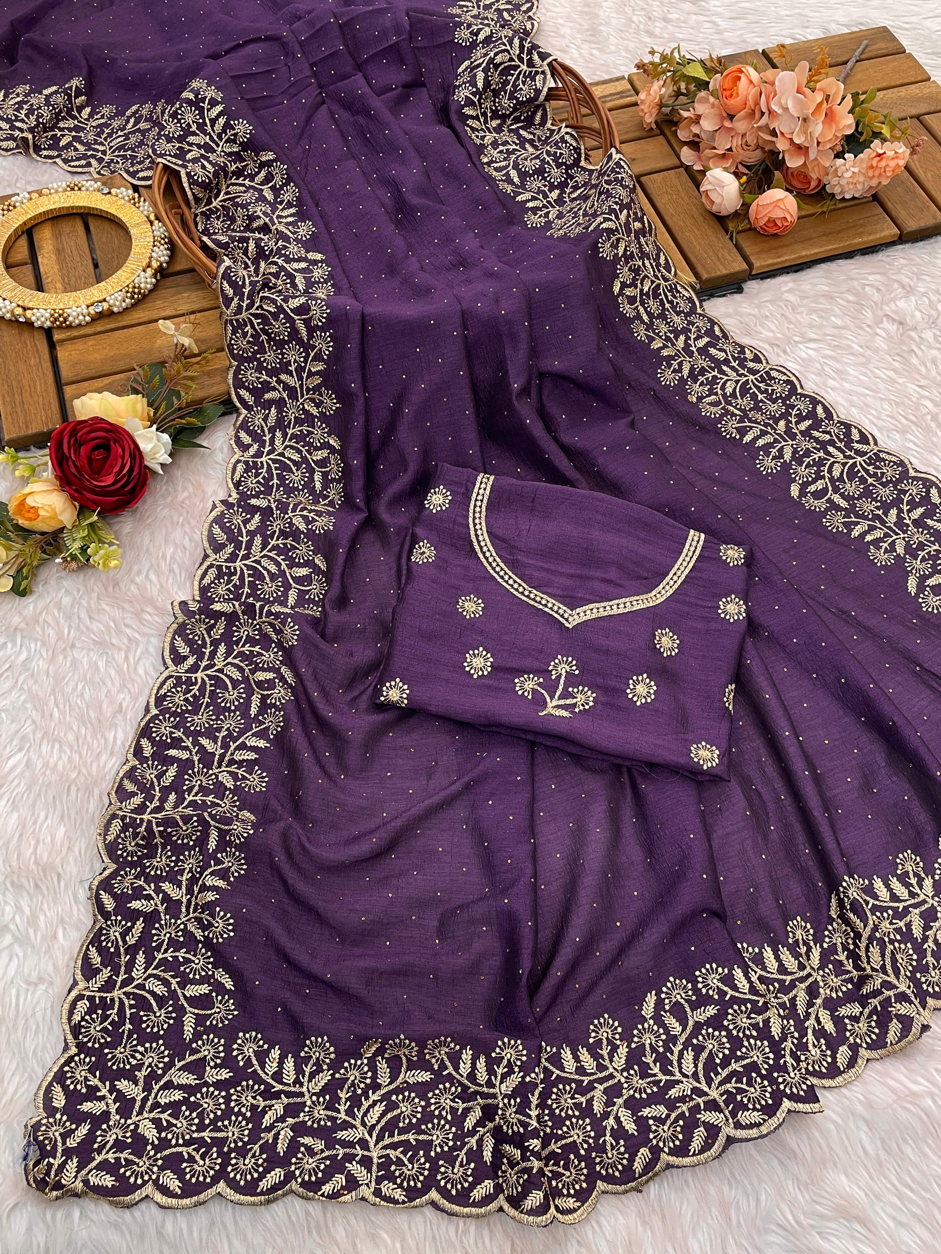 Vichitra silk with embroidery work Zari work with stone work Saree 23529N