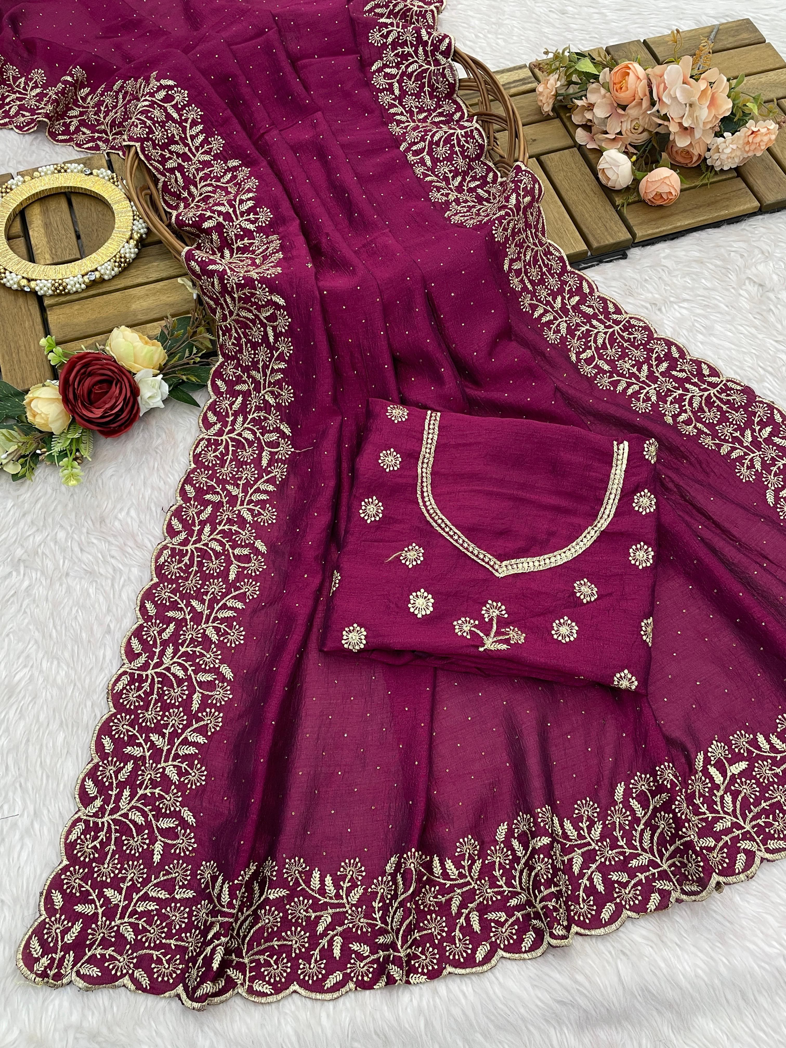 Vichitra silk with embroidery work Zari work with stone work Saree 23534N