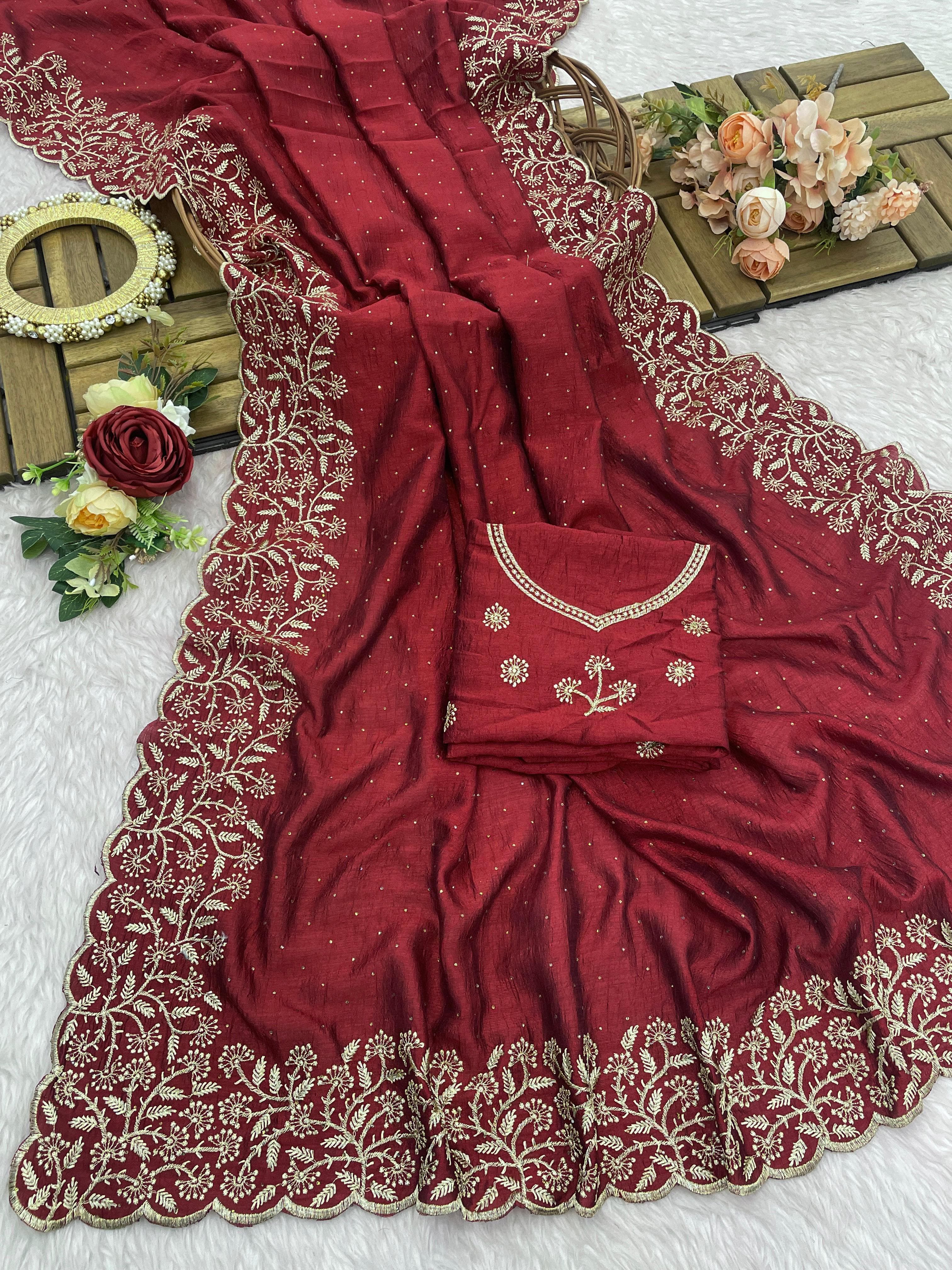 Vichitra silk with embroidery work Zari work with stone work Saree 23534N