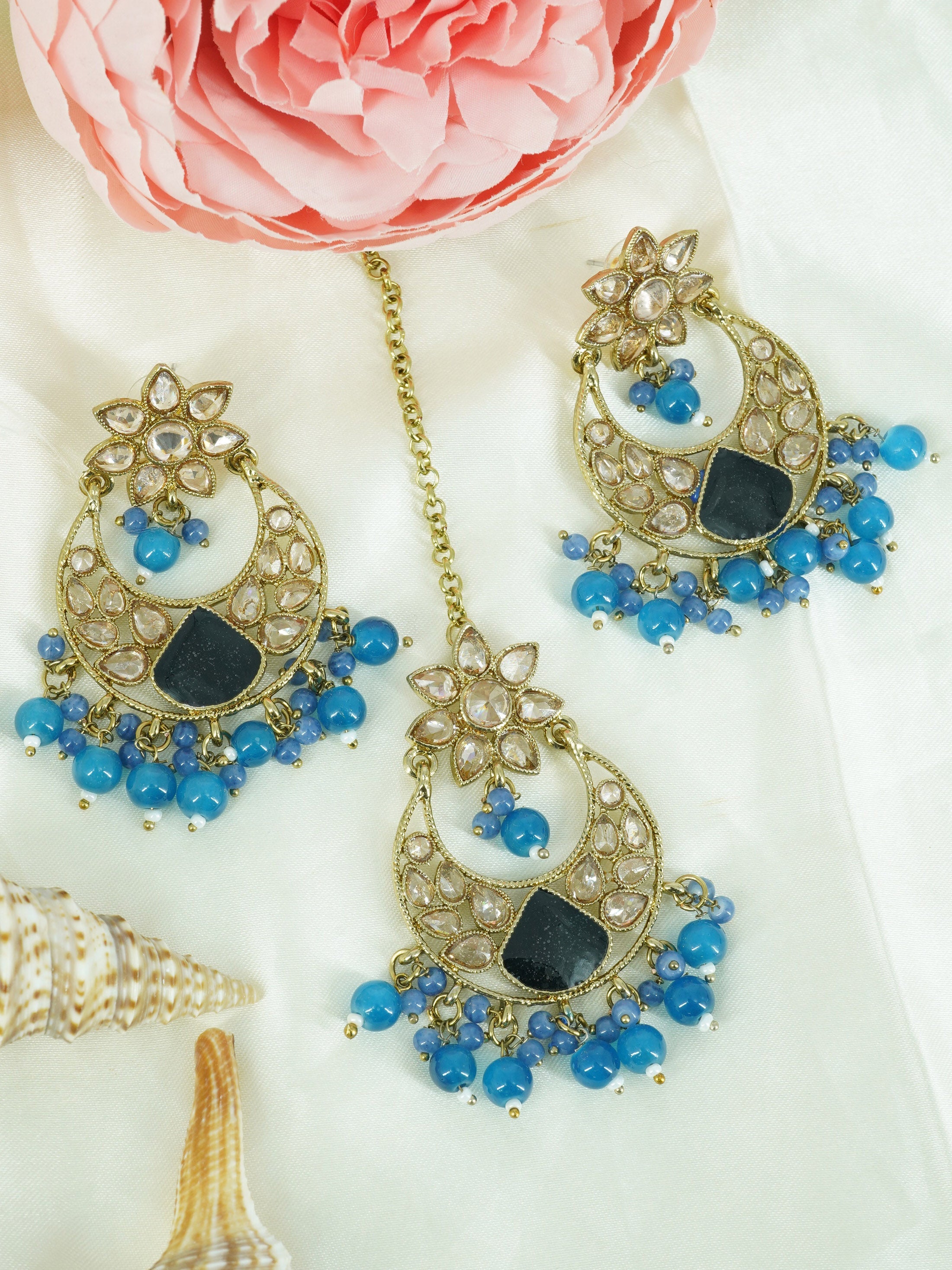 Faint gold finish Earring/jhumka/Dangler with Mang Tikka with Blue Color Drops 11762N