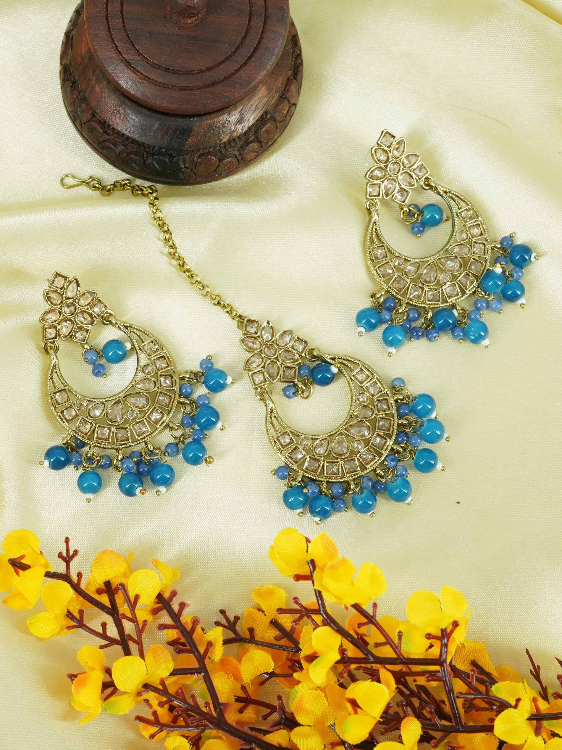 Faint gold finish Earring/jhumka/Dangler with Mang Tikka with Blue Color Drops 11766N