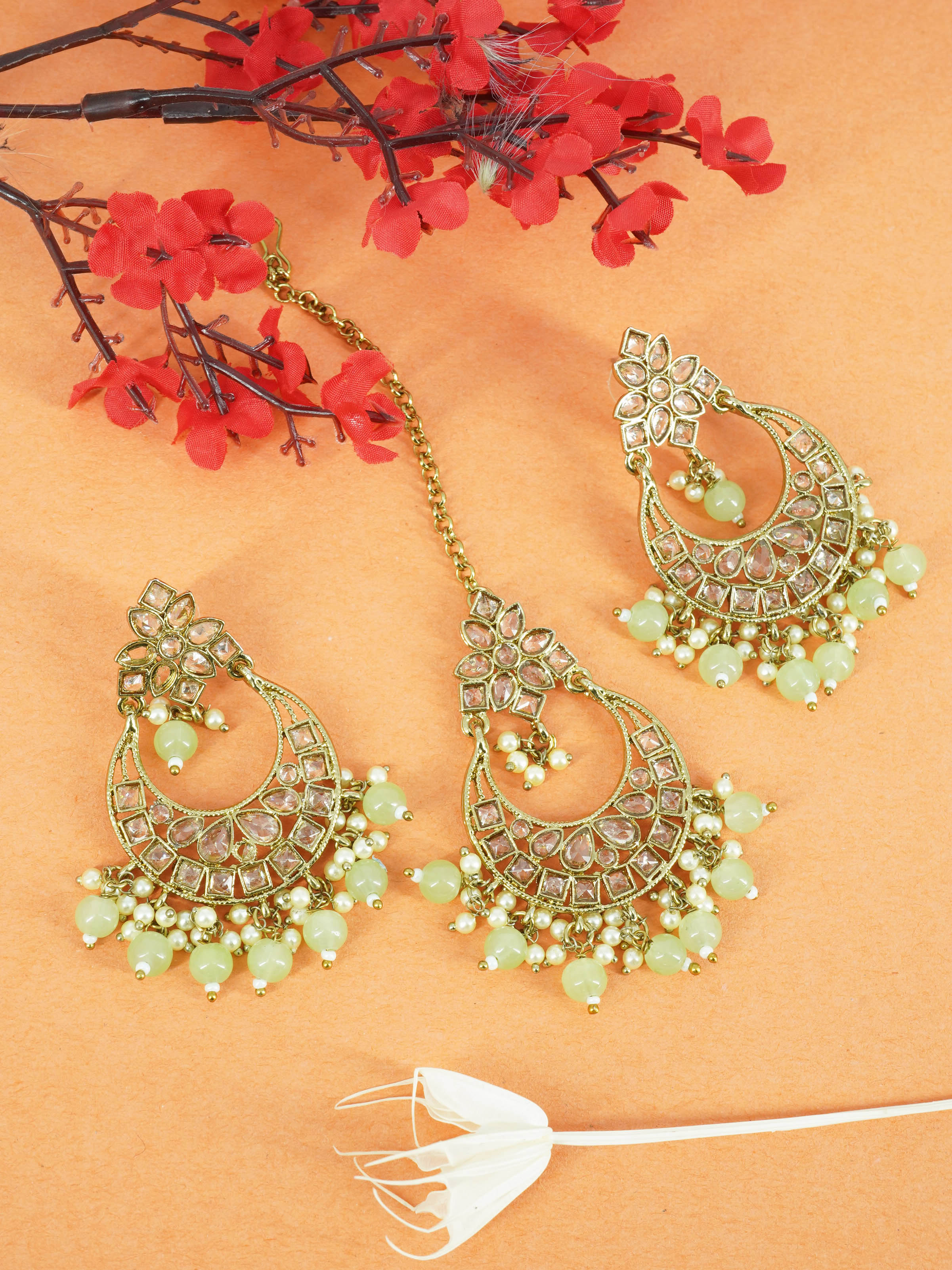 Faint gold finish Earring/jhumka/Dangler with Mang Tikka with Mist Green Color Drops 11769N