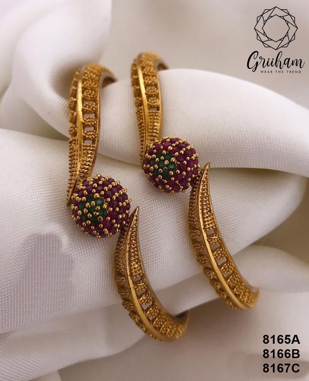 Copy of Gold Plated Set of 2 designer Bangles with Campaign stones and pearl 8114A-Designer Bangles-Griiham-2.4-Griiham
