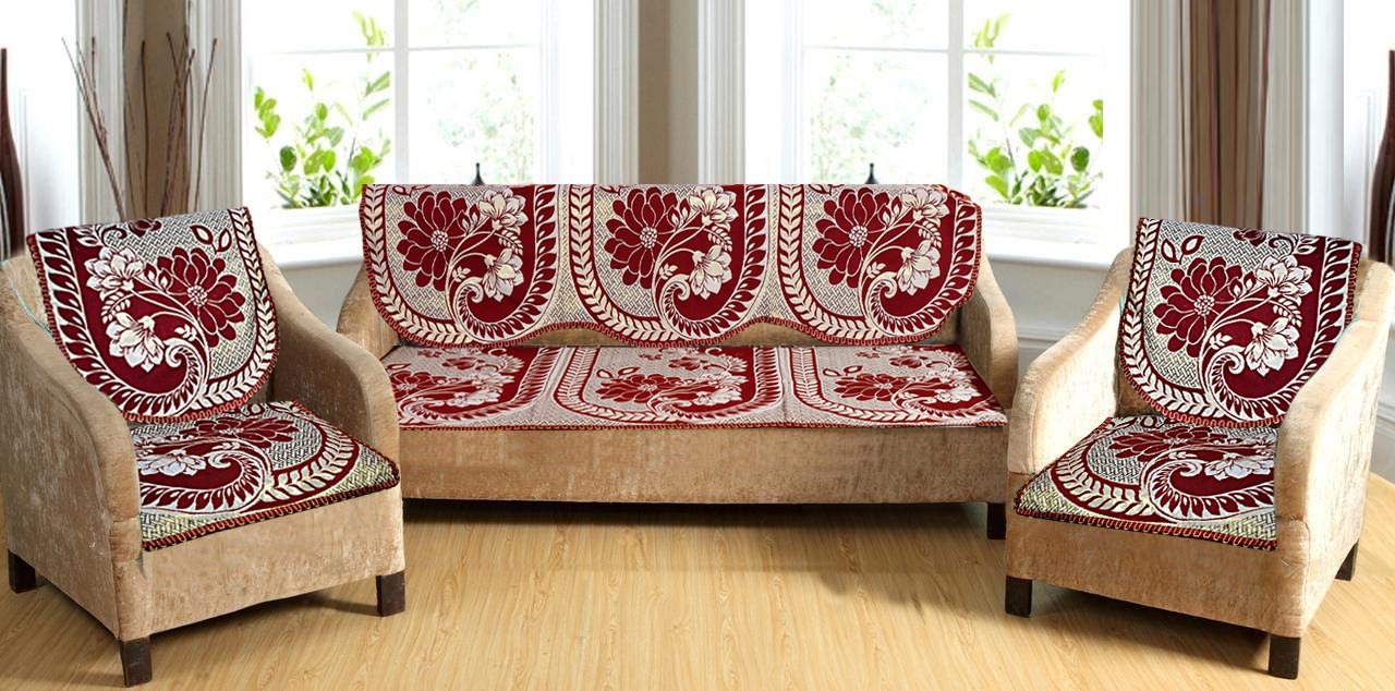 Griiham Cotton and Polyester Floral Leaves Design Cream and Maroon Sof