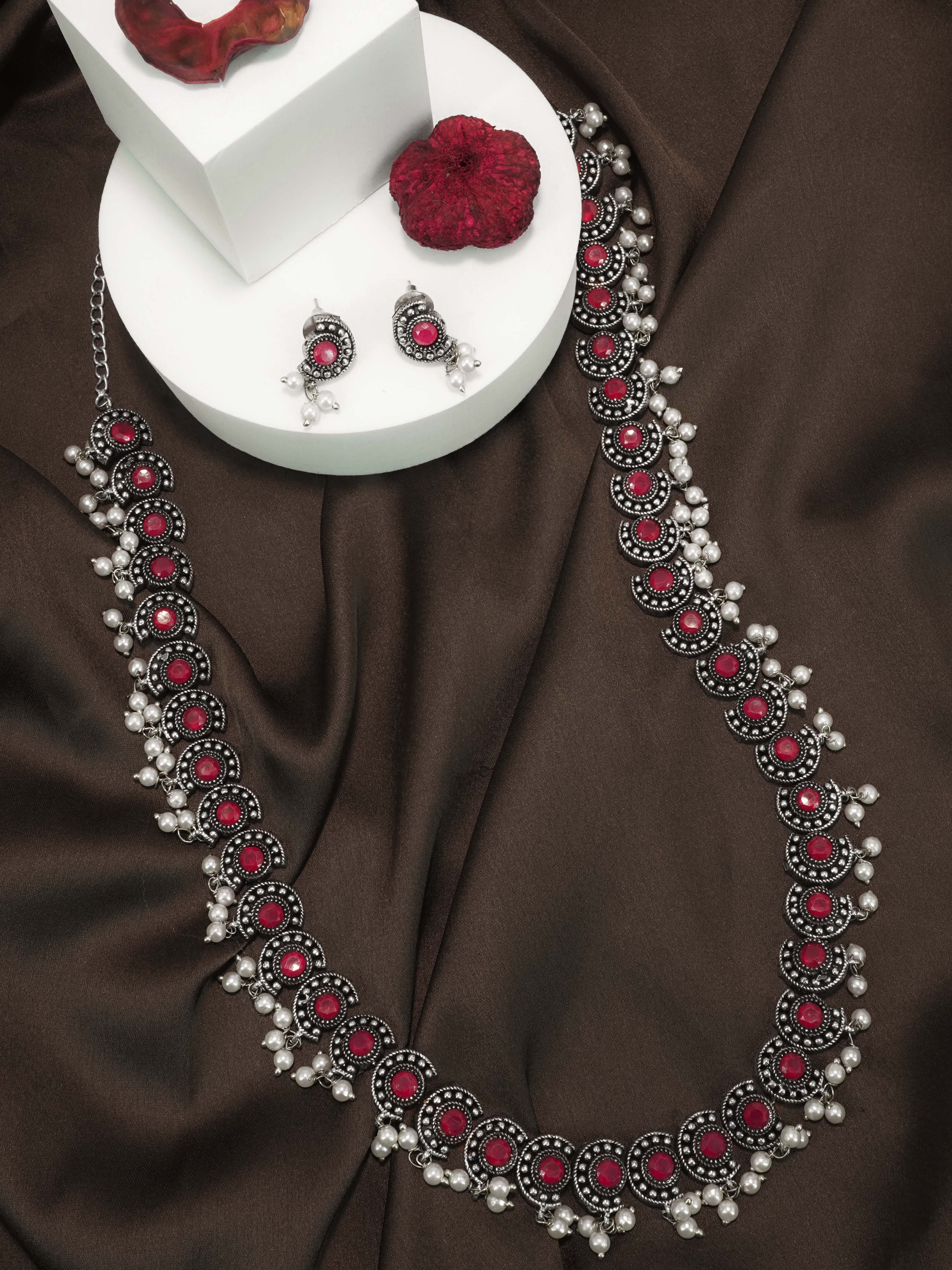 Premium Classy Oxidised Necklace Set with pearls and with different colour stones Options 11934N