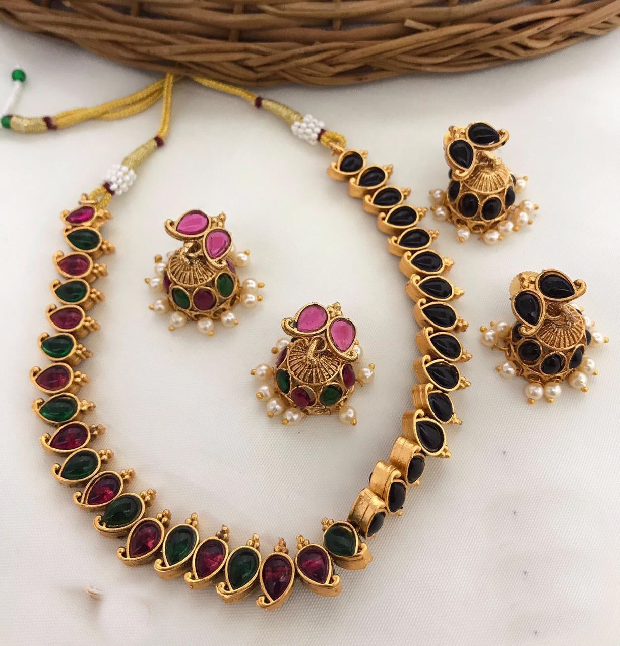 Premium Gold Finish Reversible necklace Black and other side Multi colour with two pairs of errings 5358N-Griiham-Griiham