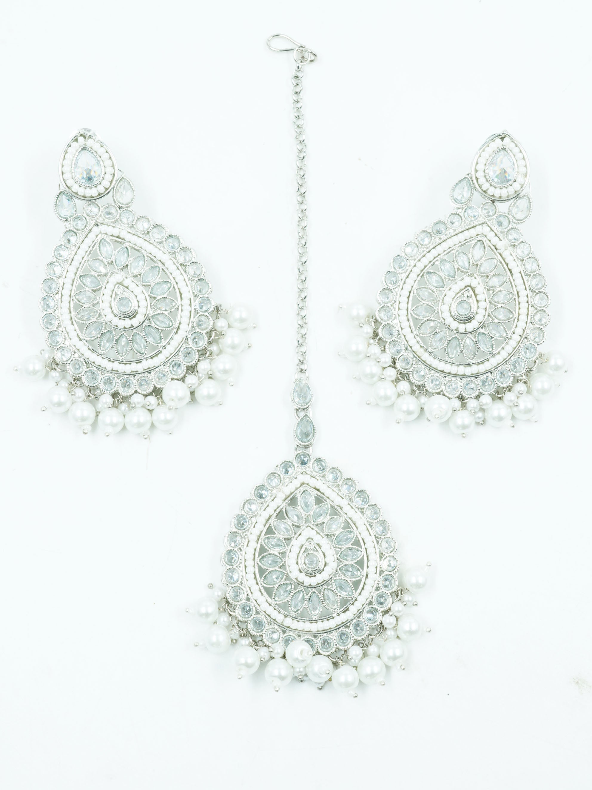 Silver finish Earring/jhumka/Dangler studded with Mirror Stones with Mang Tikka and Pearl Drops 11821N