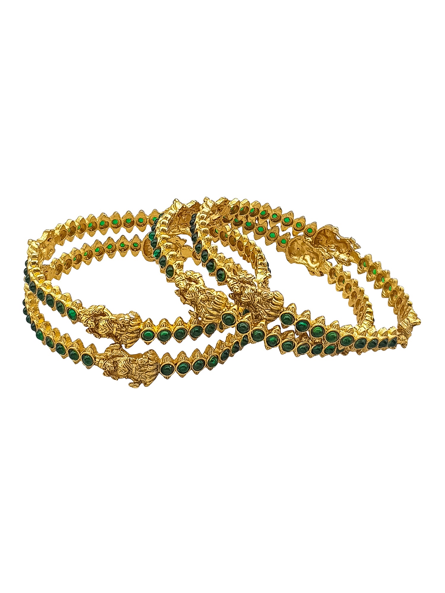 Gold Plated Set of 4 Green Stone Temple Bangles
