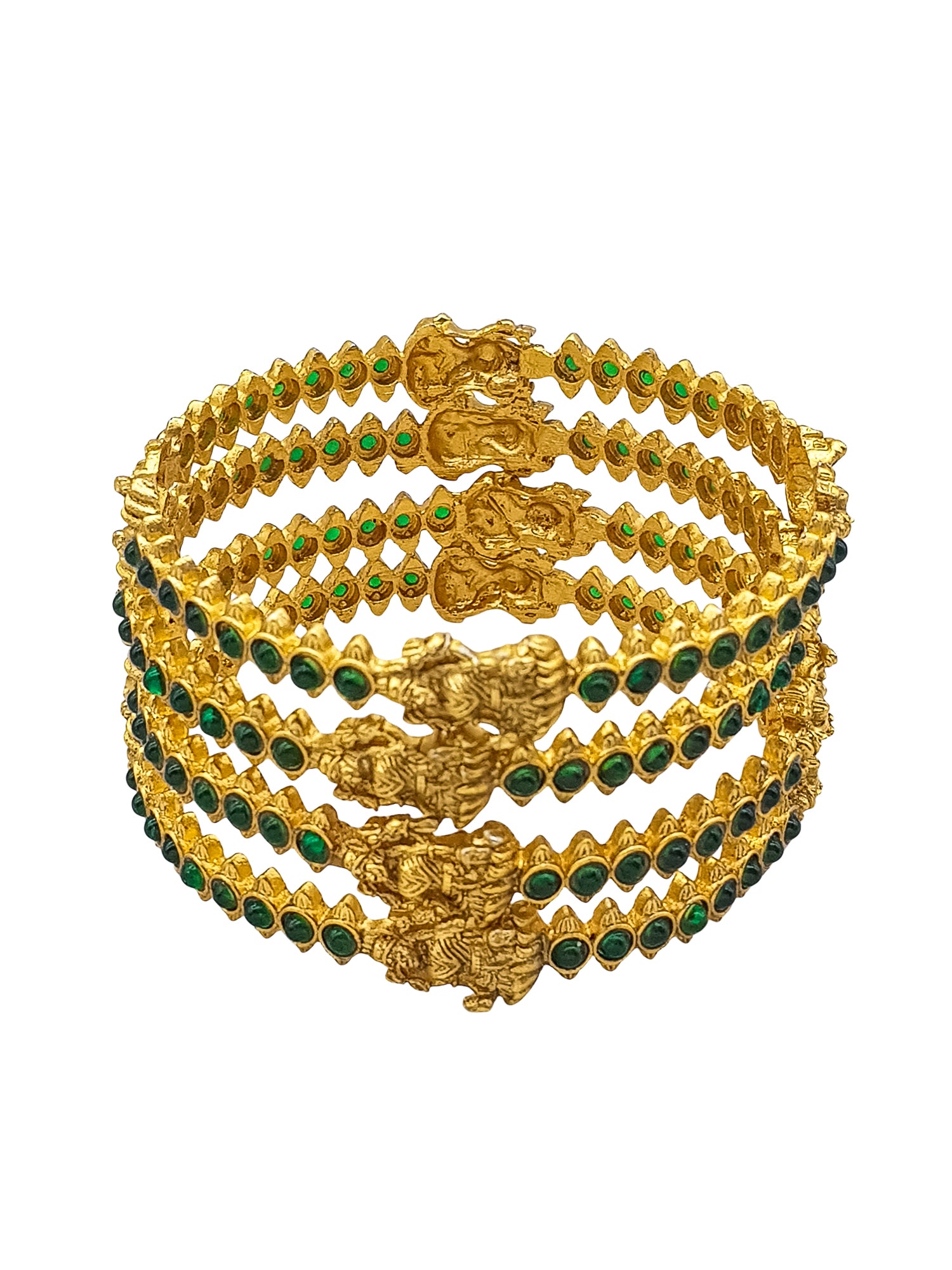 Gold Plated Set of 4 Green Stone Temple Bangles