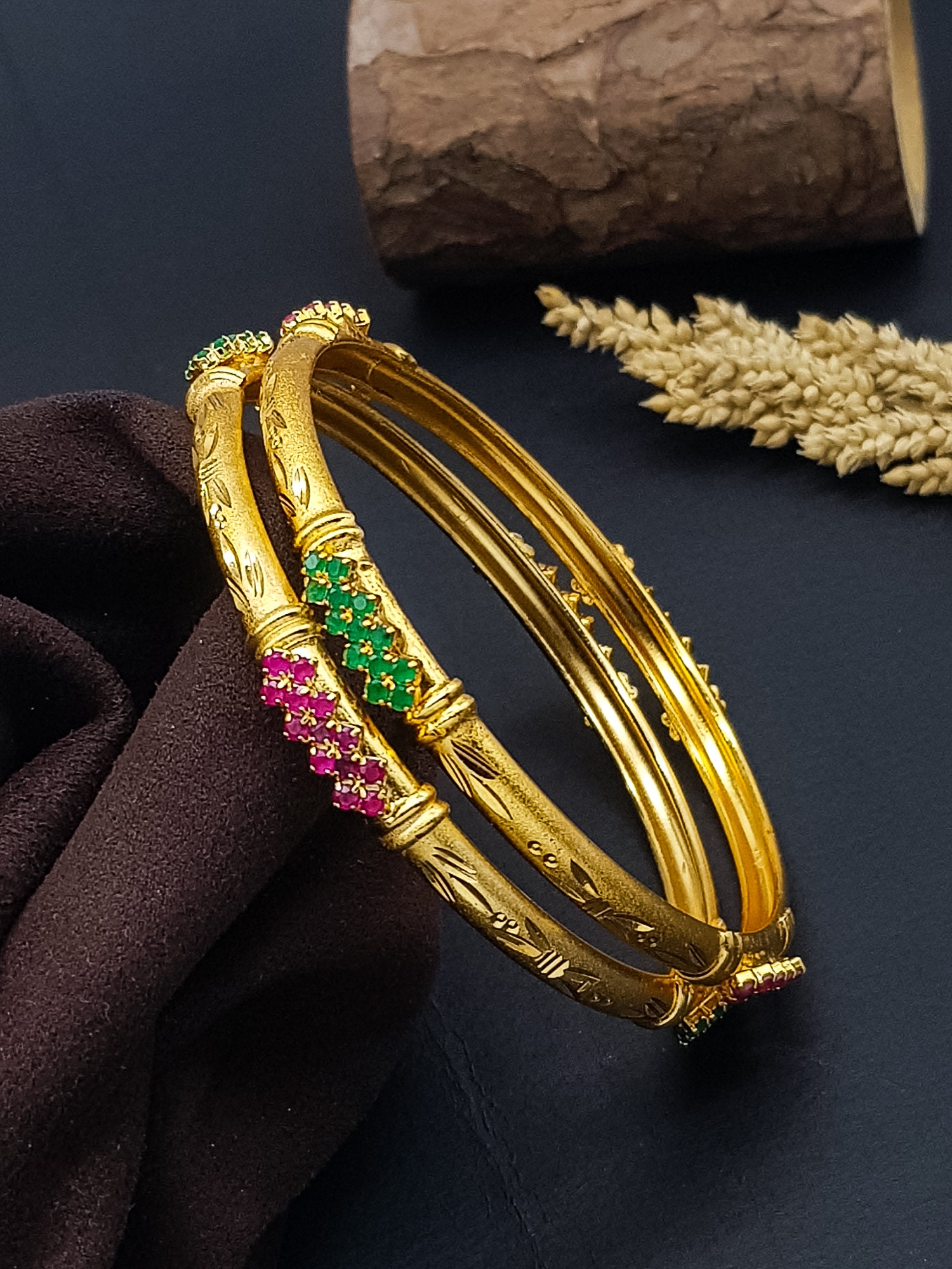 Italian Light Gold Brass bangles with gold plating Multicolor stones