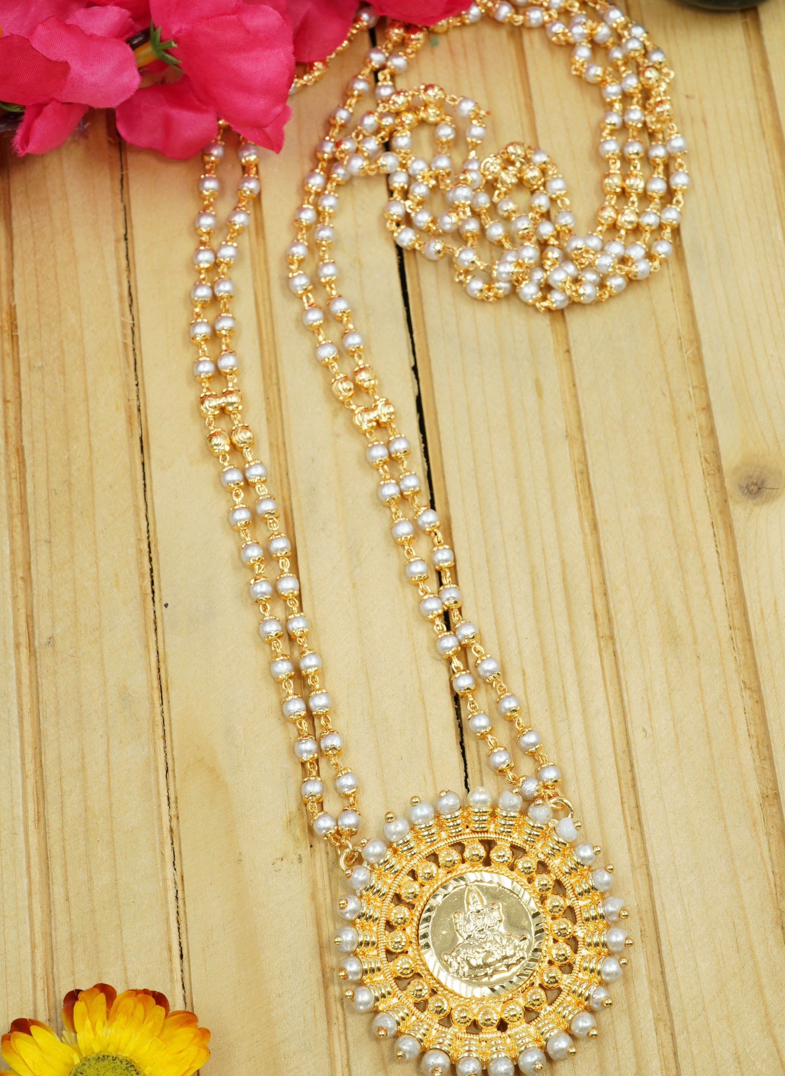 1 gm Micro gold plated 2 Line designer 24 inches chain with Pearl beads and laxmi dollar/Pendant 10624N
