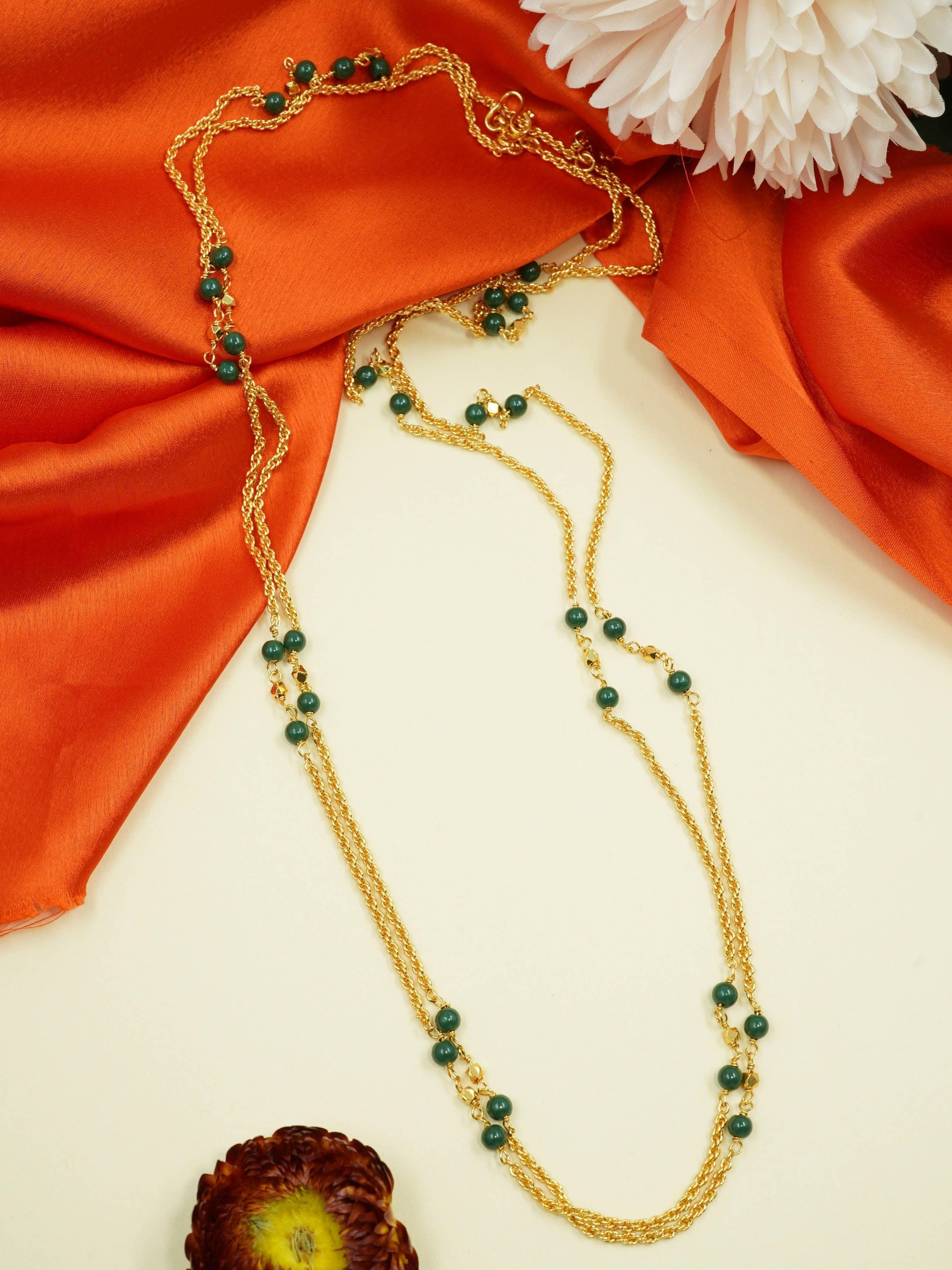 1 gm Micro gold plated 2 Line designer 30 inches chain with green beads 10651N - Griiham