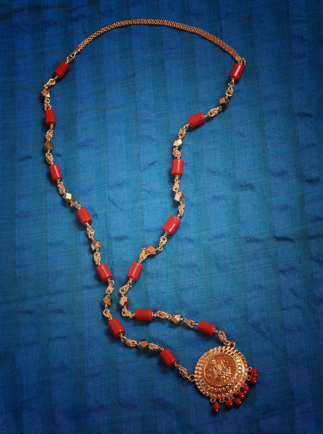 1 gm Microgold plating Coral bead Mangalya chain with Laxmi 30 inches 9123n - Griiham