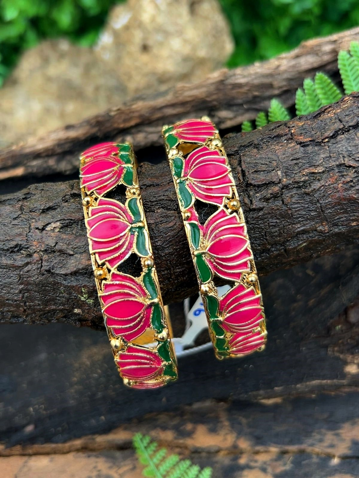 Gold plated Meenakari Lotus Set of 2 bangles