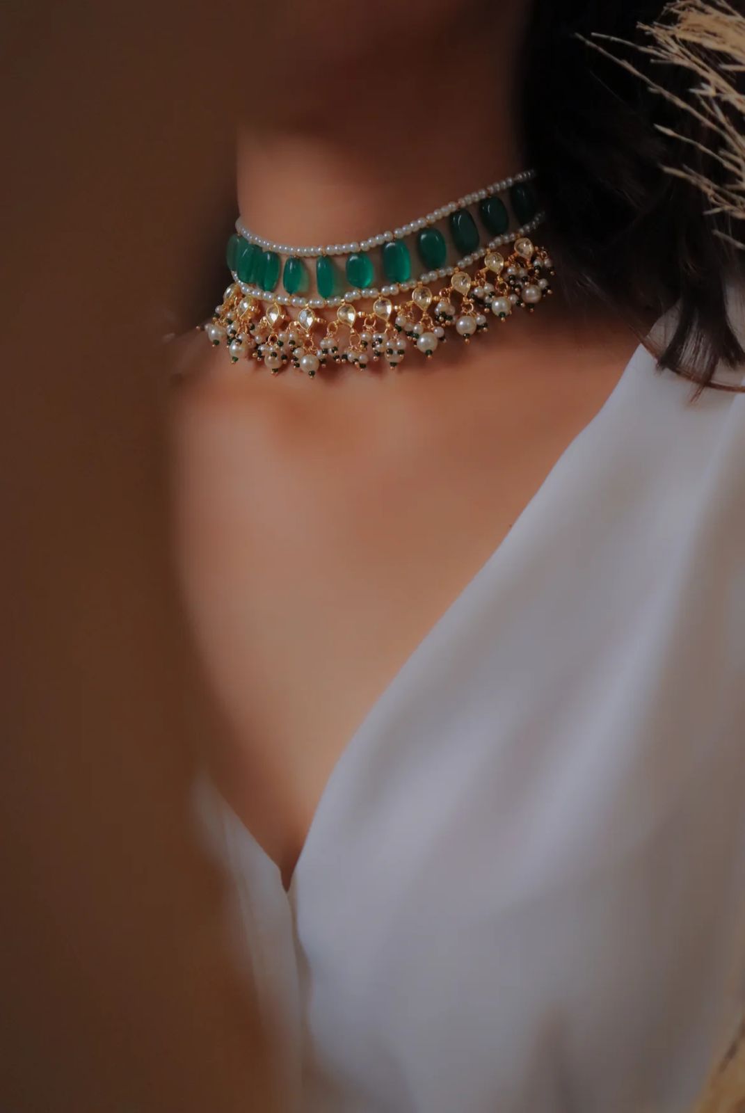 Emerald Green Shade African Jade Tumble with Kundan Choker Necklace Set with earrings