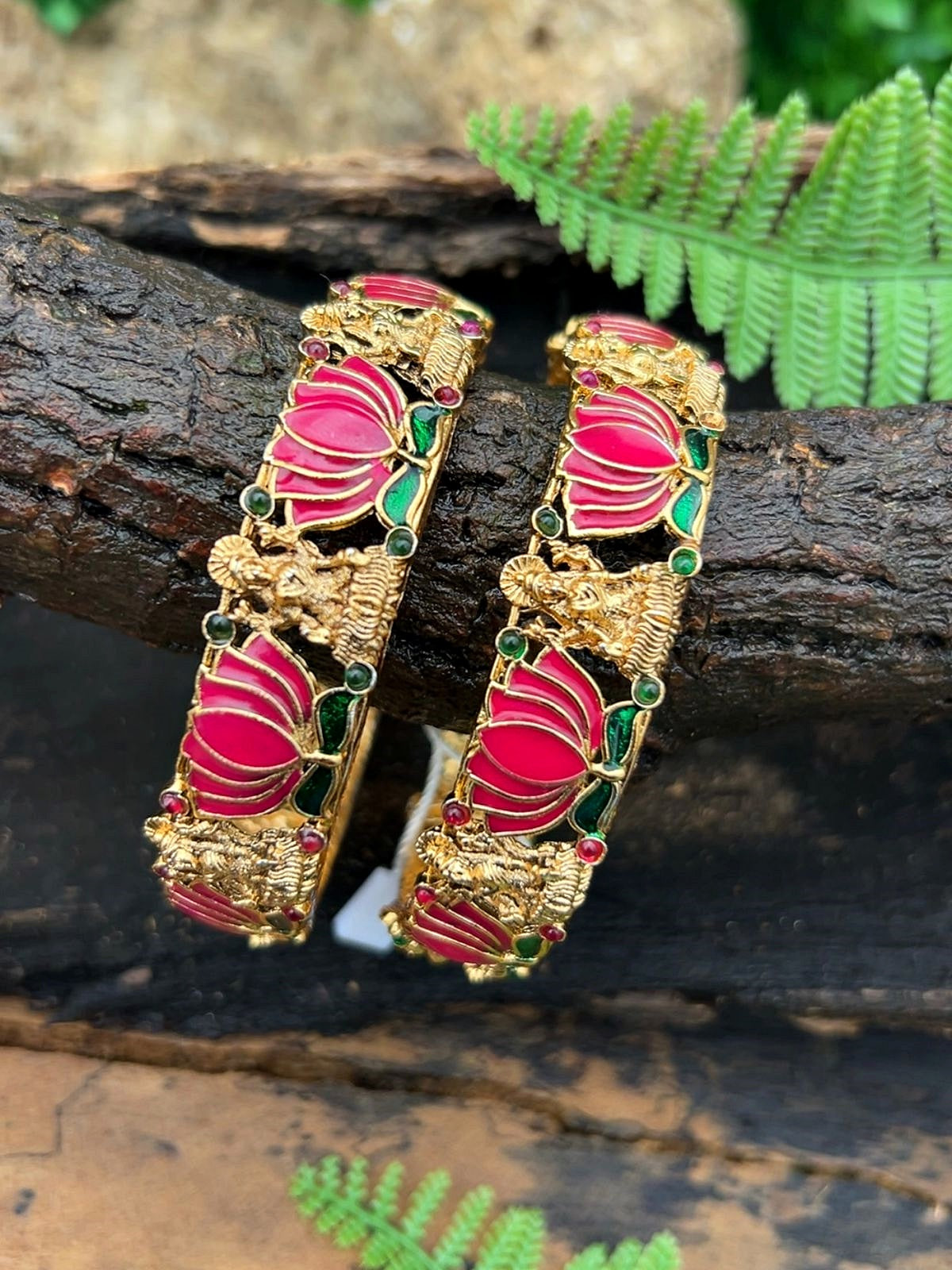 Gold plated Meenakari Lotus Set of 2 bangles