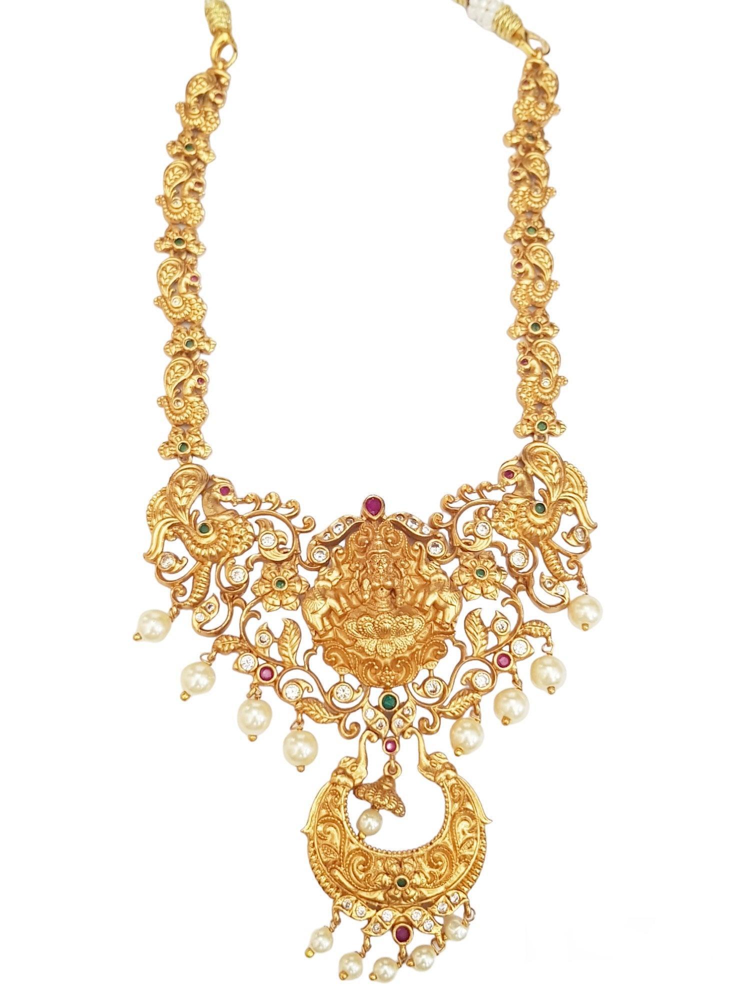 Premium Necklace set Matt Gold Finish Real AD Stone Laxmi Short Necklace Set