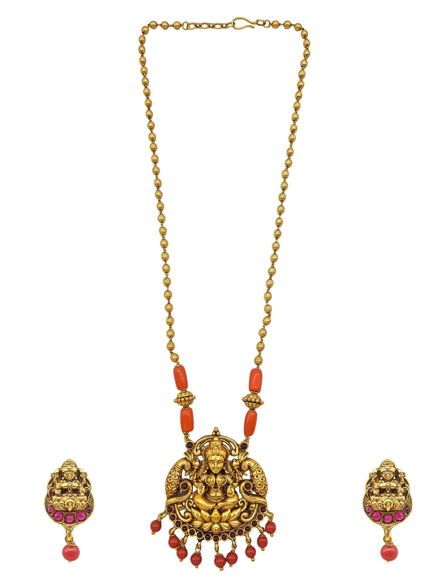 Gold Plated In Coral Beads Long Necklace Set