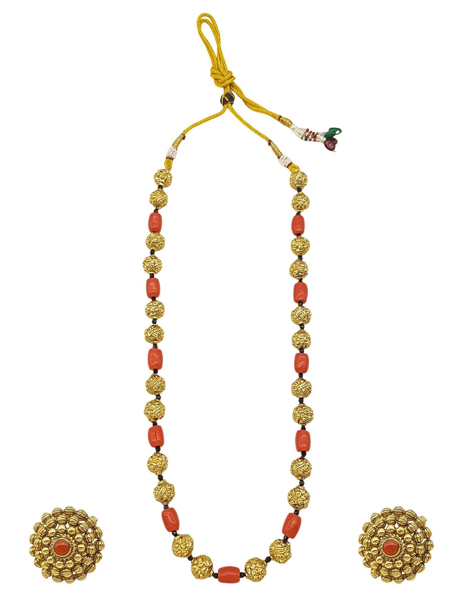 Gold Plated In Coral Beads Long Necklace Set