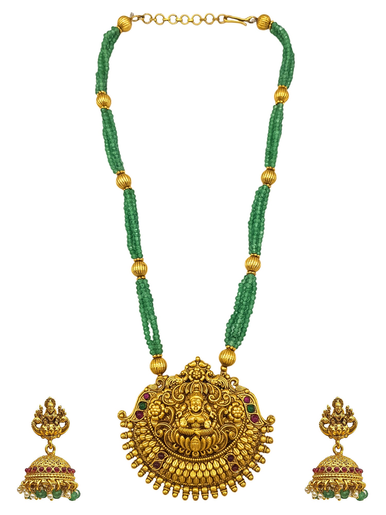 Gold Plated Necklace Set in green crystal natural stones