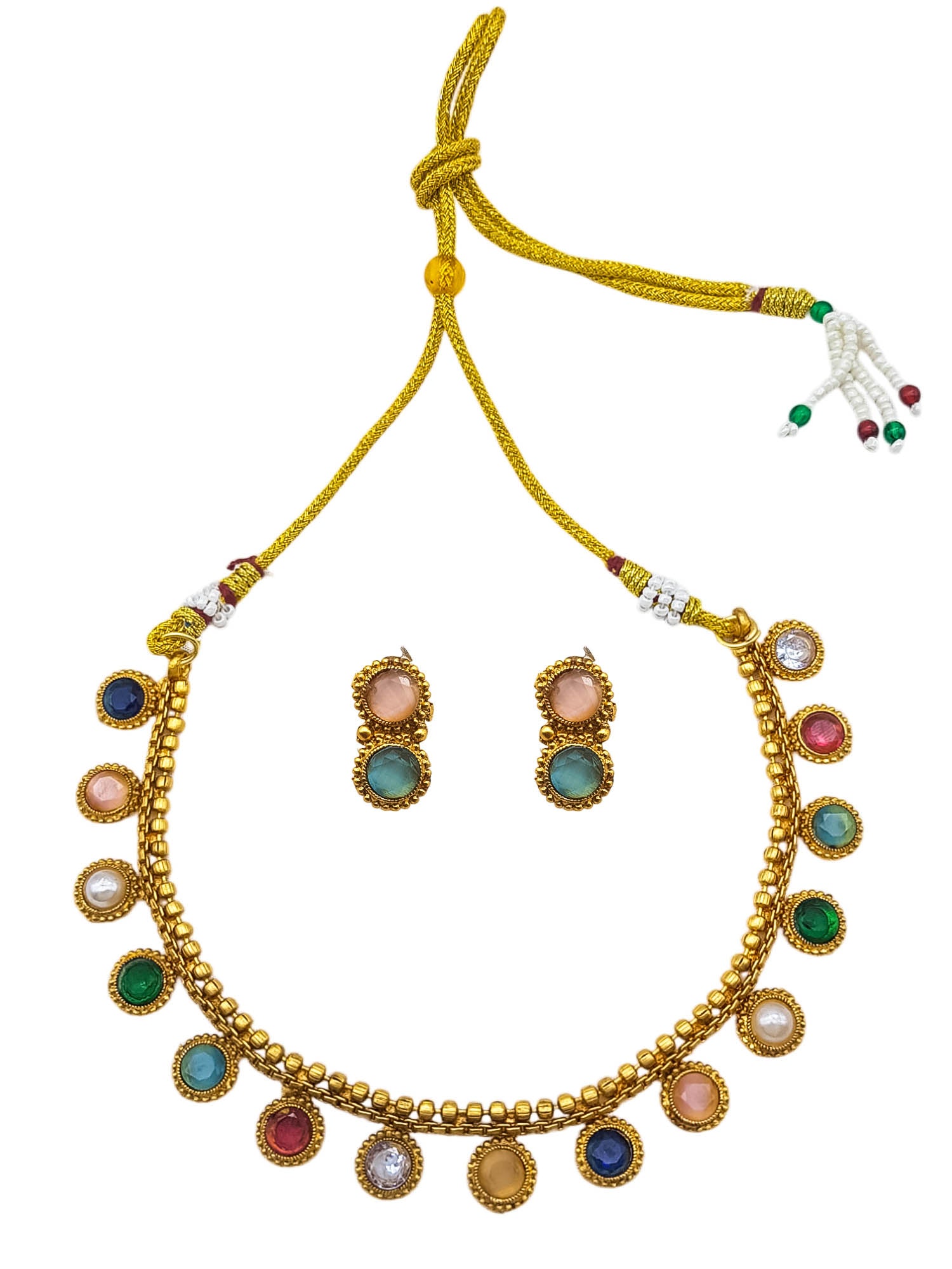 Antique Premium Gold finish navratna necklace set