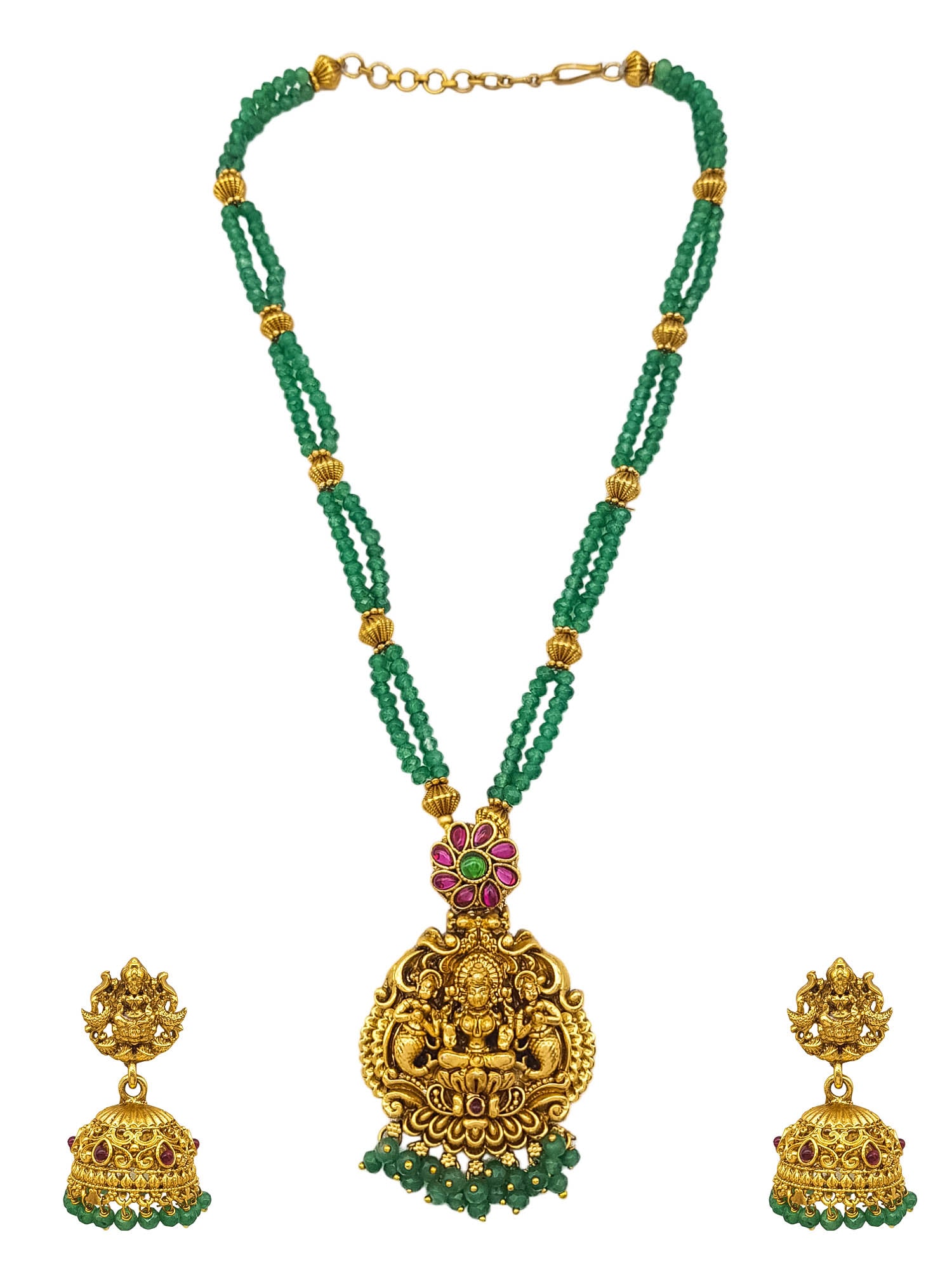 Premium Gold Plated Long Necklace Set in green crystal natural stones