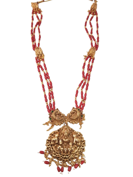 Gold Plated In Layer Coral Beads Long Laxmi Necklace Set
