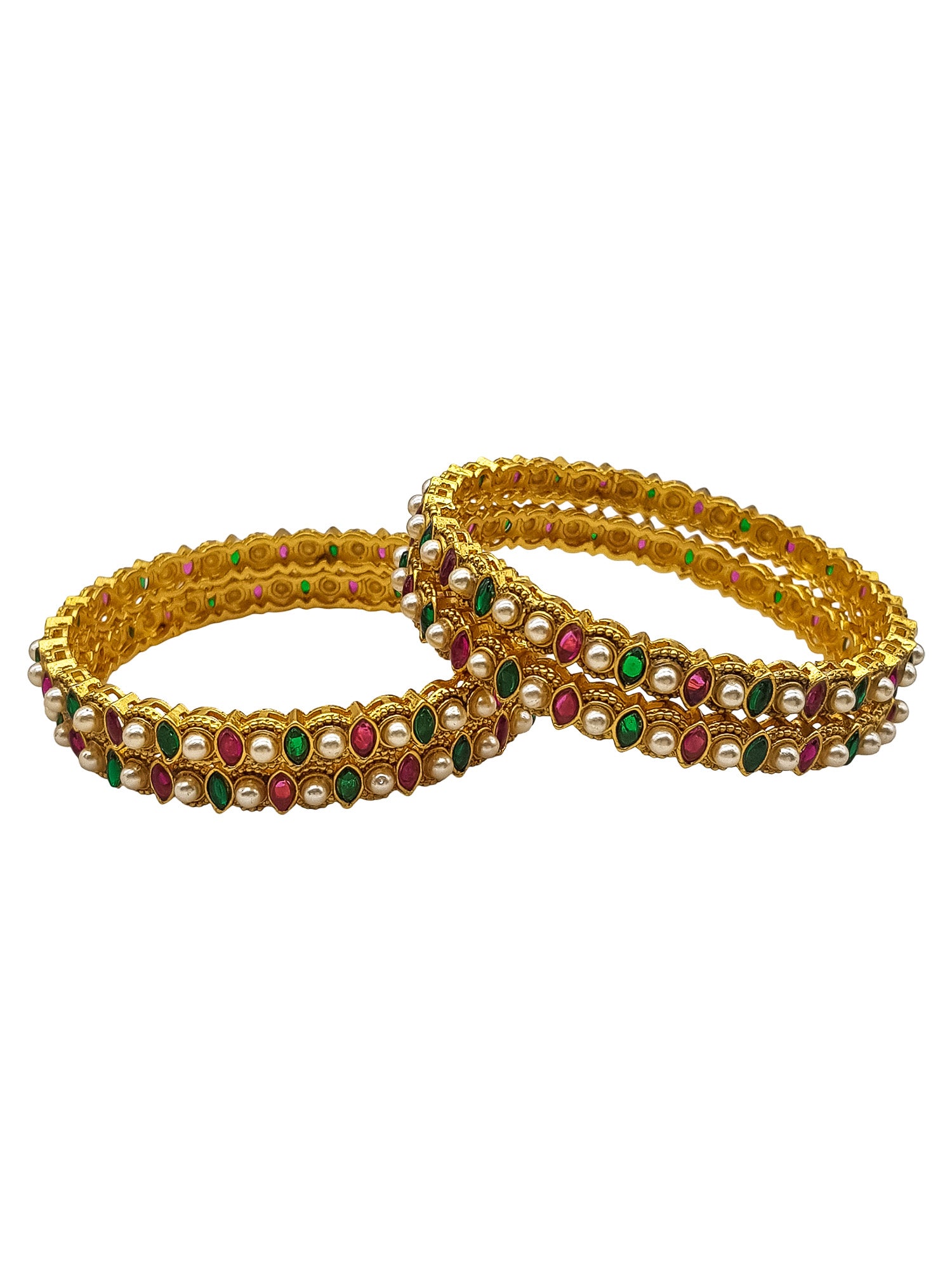 Gold Plated Set of 4 Bangles with Pearls and Oval Stones