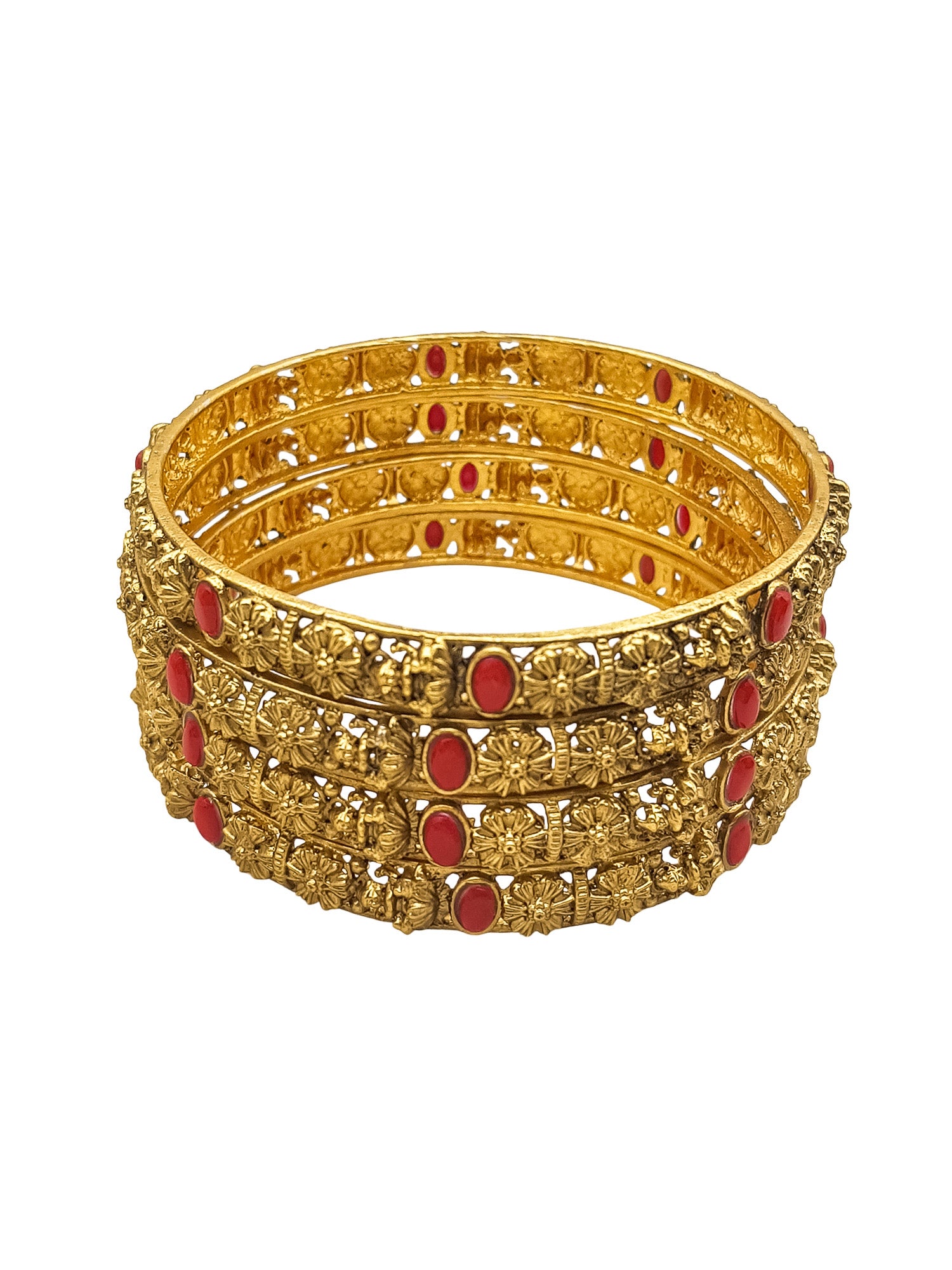 Gold Plated Set of 4 Bangles with Coral stone