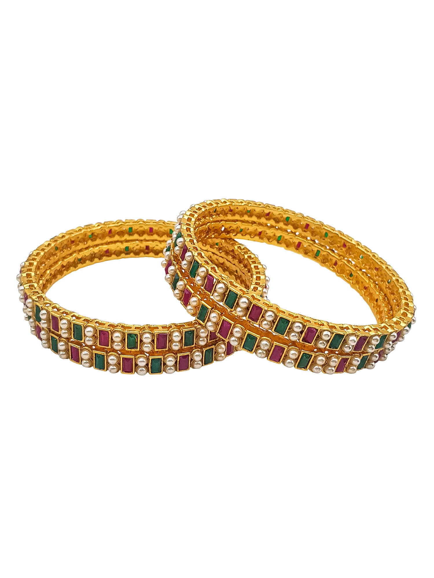 Gold Plated Set of 4 Bangles with Pearls and Stones