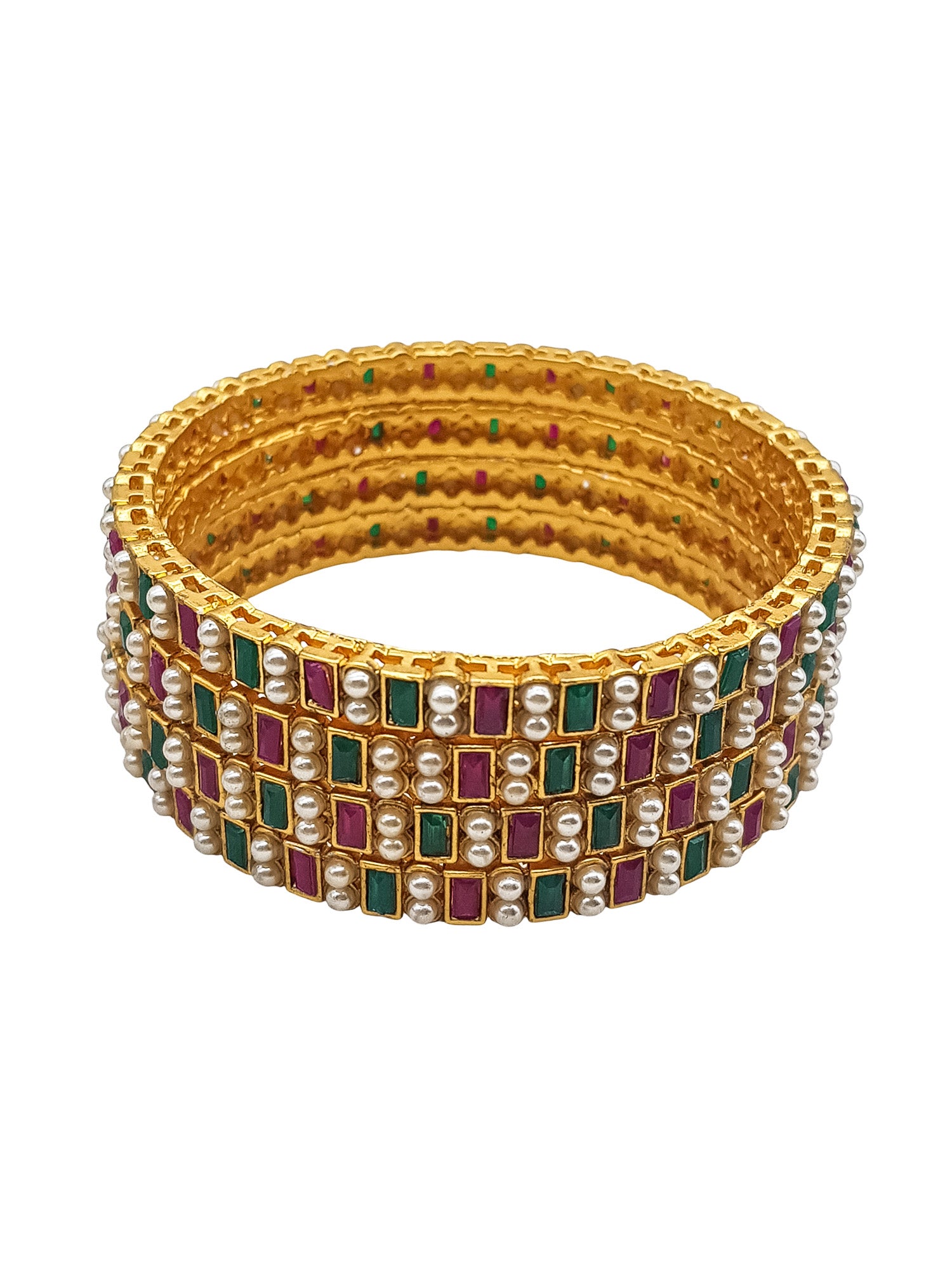 Gold Plated Set of 4 Bangles with Pearls and Stones