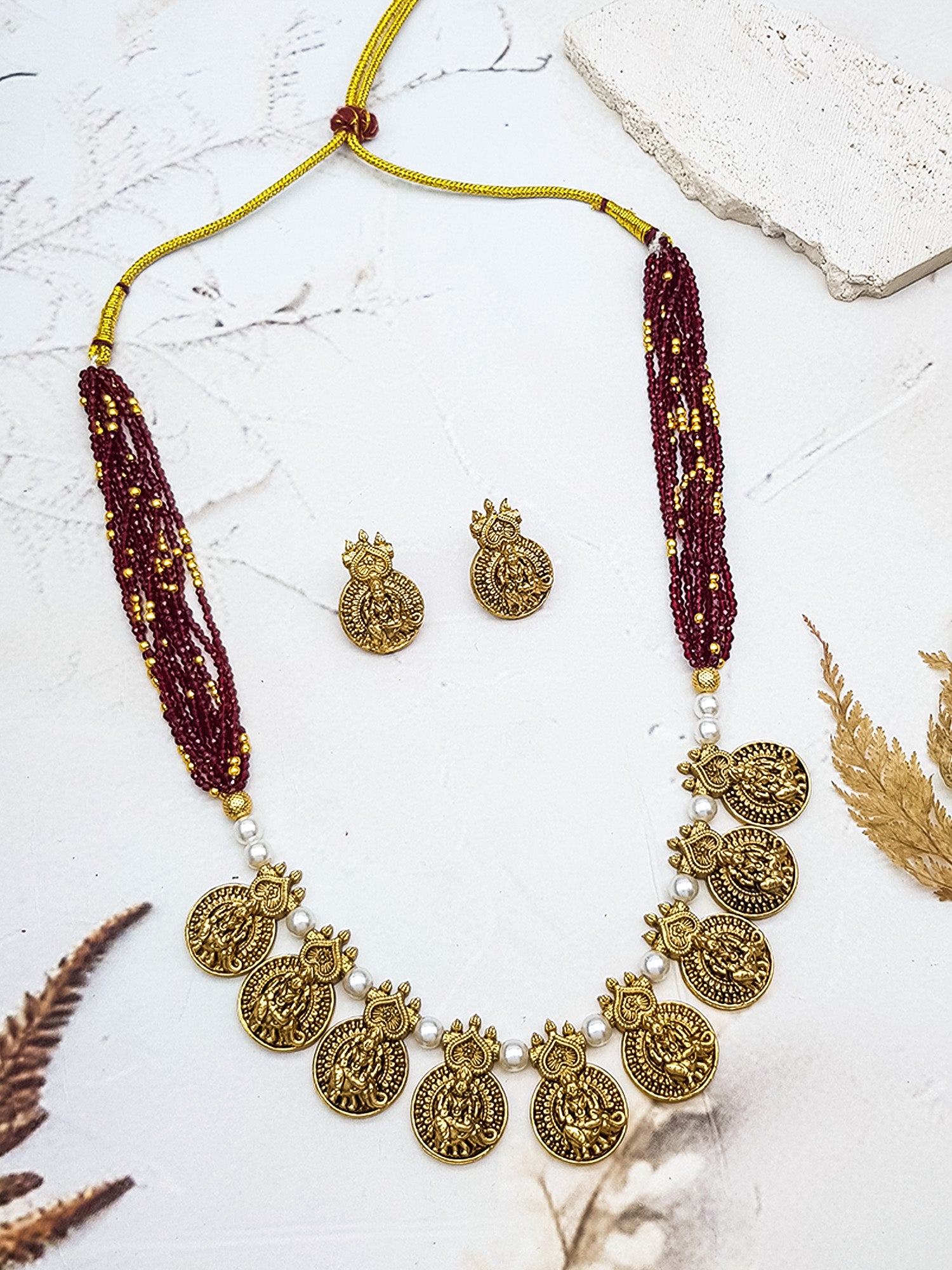 Gold Plated Kasu Necklace Set with Crystal Maala