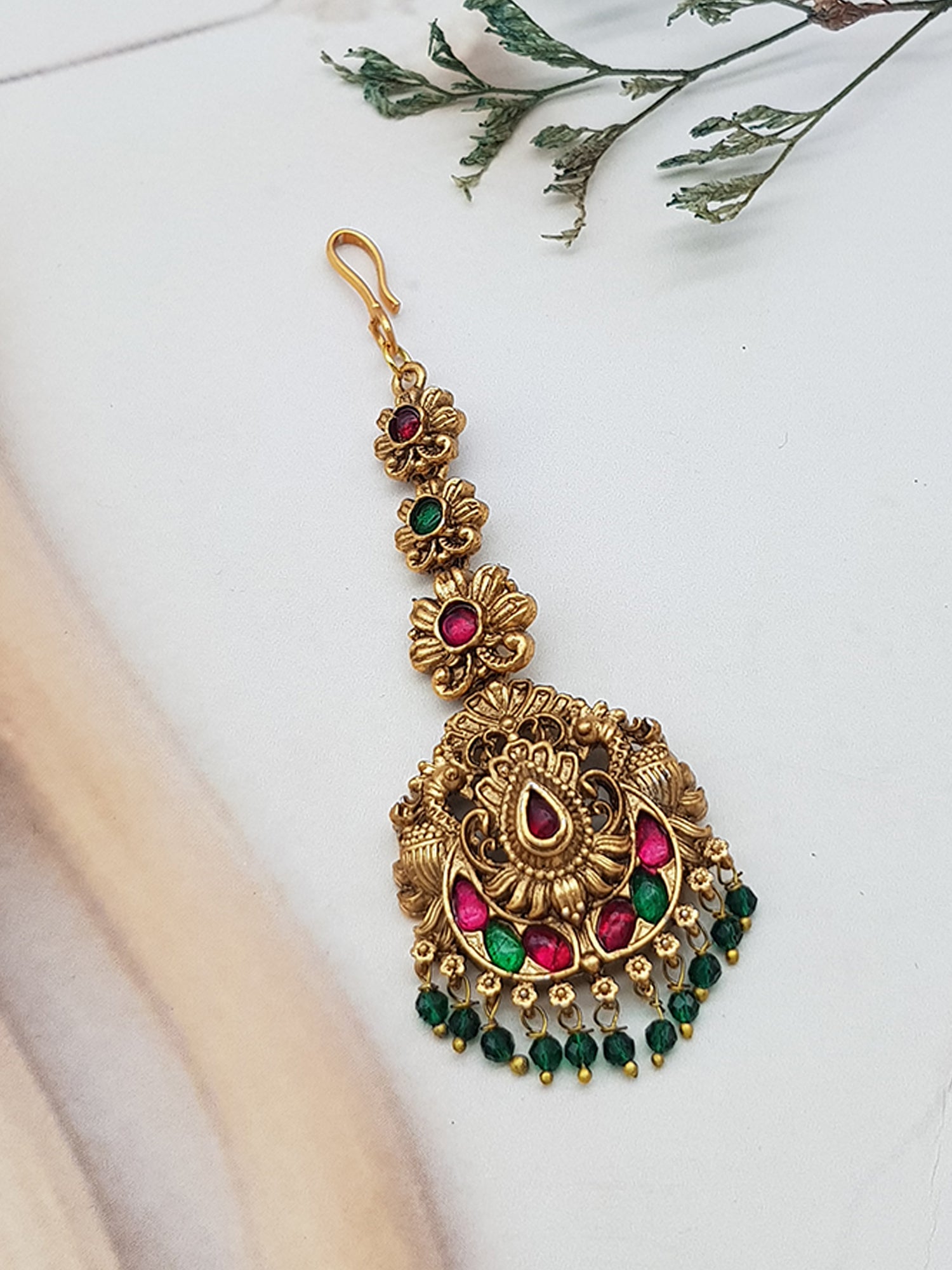 Gold Plated Antique Short Maang Tikka