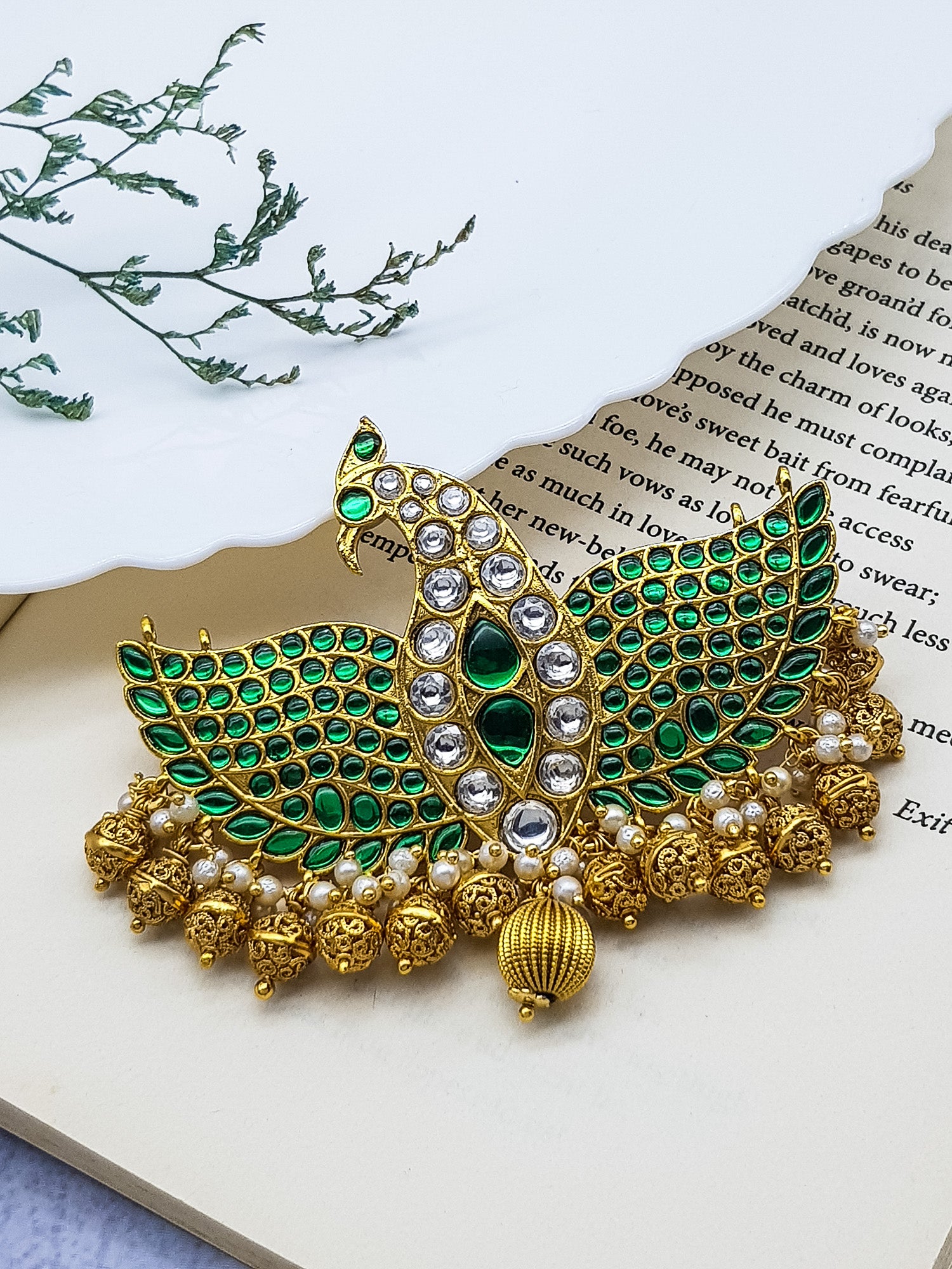 Premium Gold Plated Reversible Jadau Ganda Barunda Pendant with Real Kemp Stones (Green and Red)