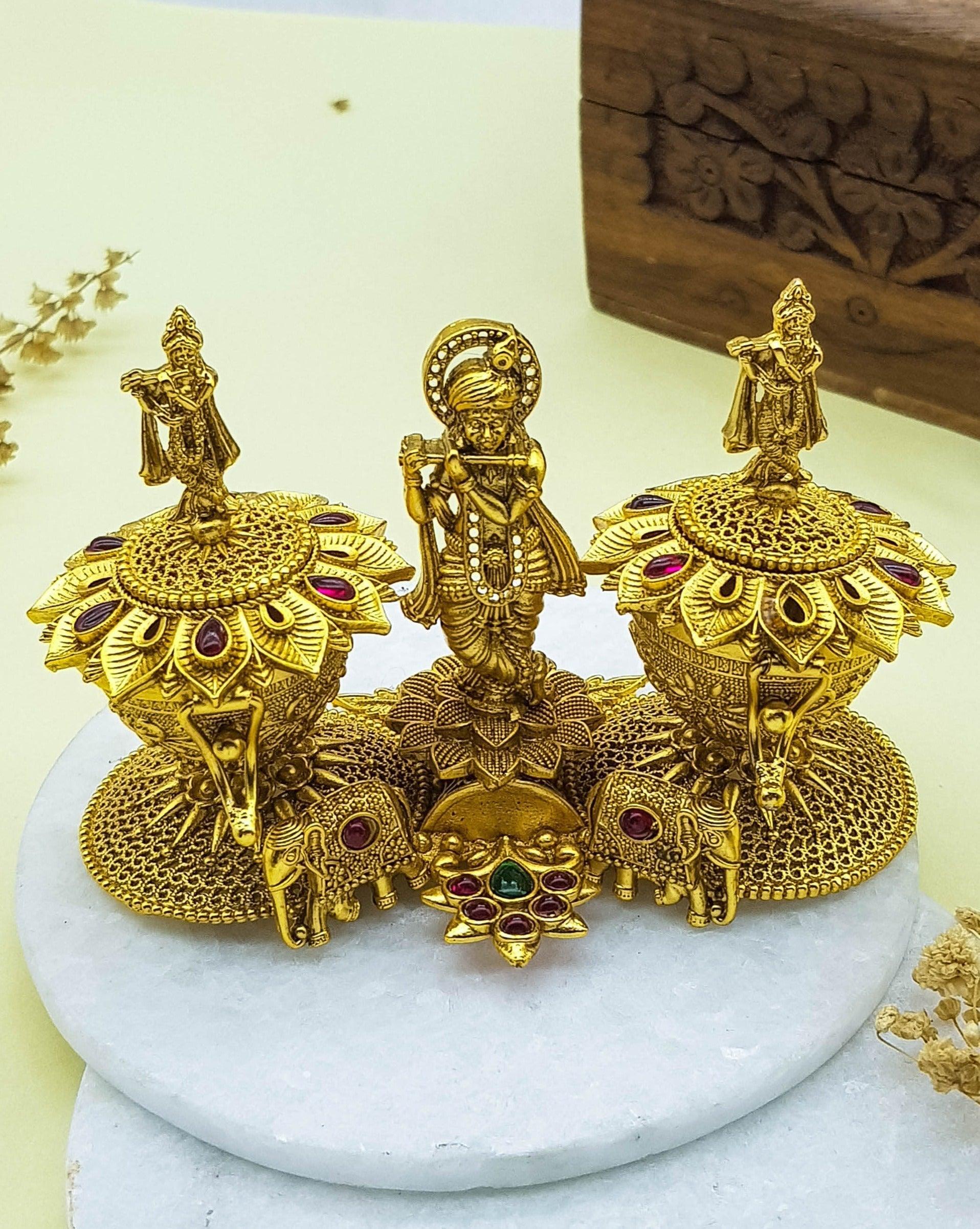 22k Gold Plated fully engraved Kumkum box with Krishna 22654N - Griiham