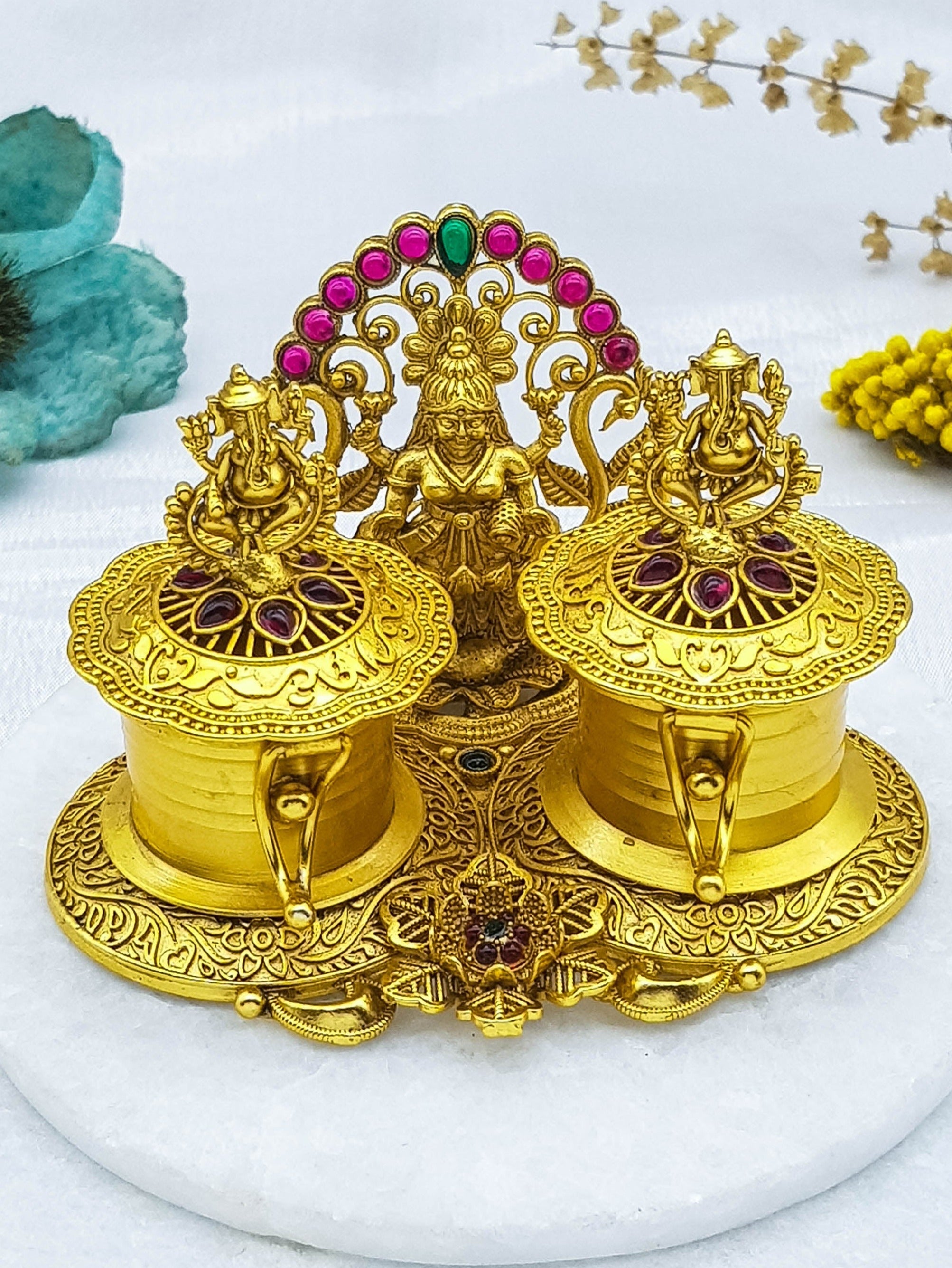22k Gold Plated fully engraved Kumkum box with Laxmi Ganesh 22655N