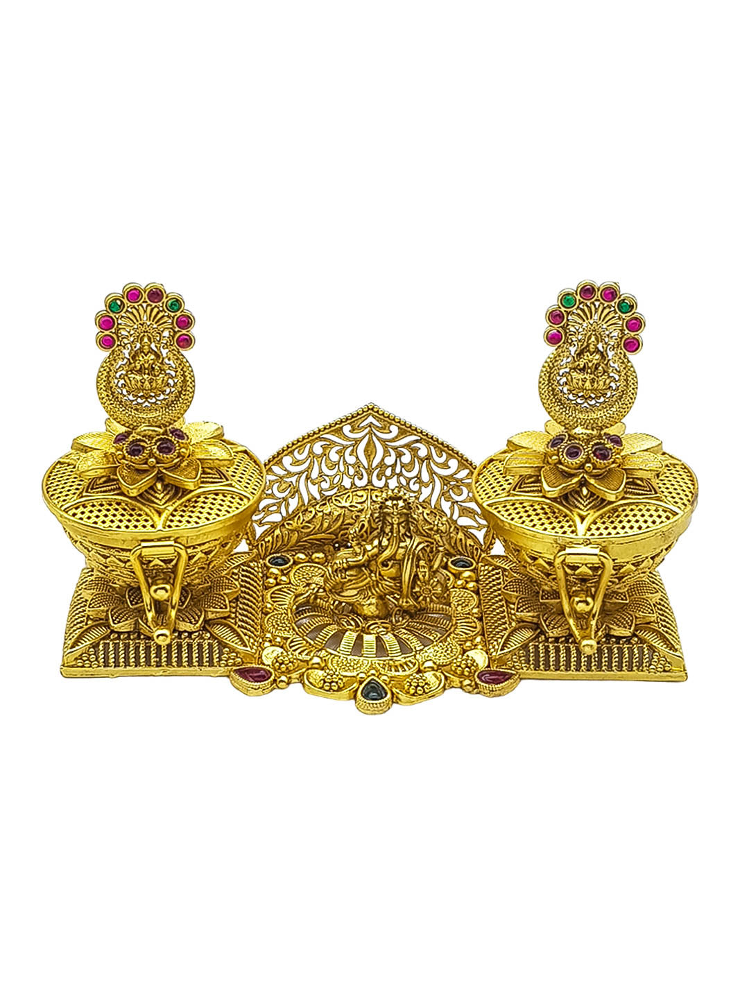 22k Gold Plated fully engraved Kumkum box with Laxmi Ganesh 22656N