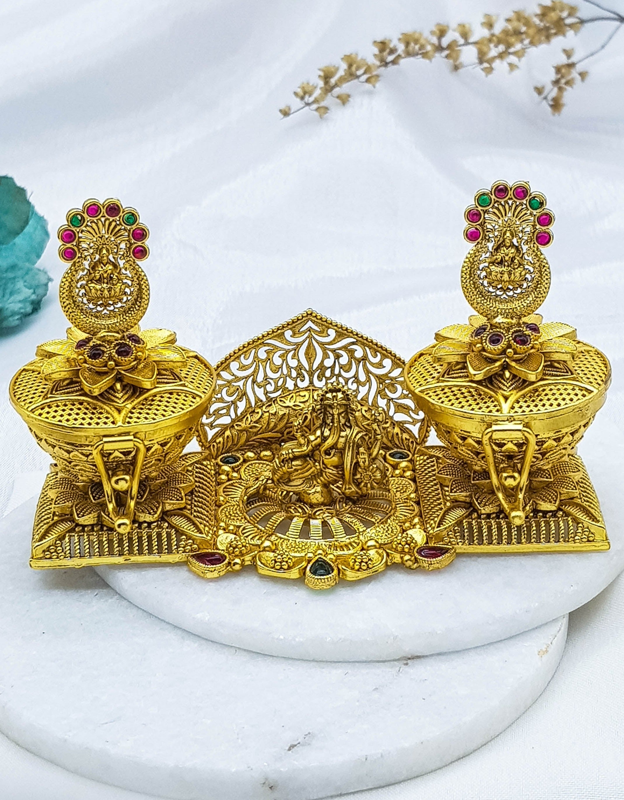 22k Gold Plated fully engraved Kumkum box with Laxmi Ganesh 22656N